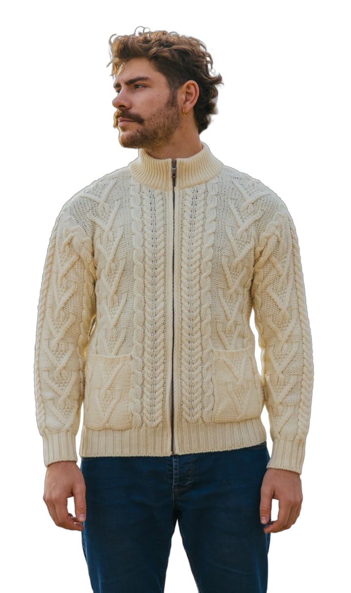 100% Merino Wool Men's Winter Warm Cable Knit Cardigan Sweater with Zipper & Pockets - Charcoal & Army Green | Cozy Fall & Winter Layering for Outdoor Activities & Casual Wear