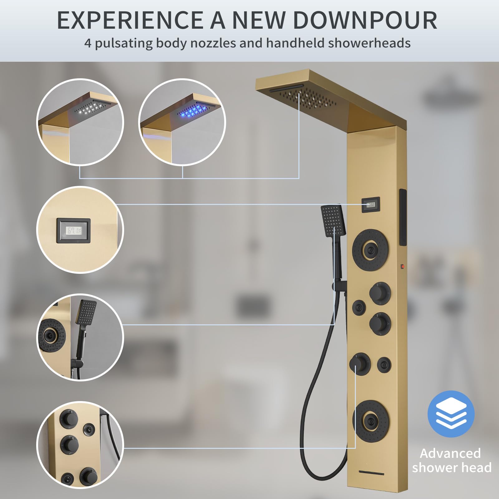 Brushed Gold LED Rainfall Shower Panel System - 6-Function Body Massage Shower Tower with Temperature Display | Wall Mount Bathroom Fixture for Luxurious Spa Experience