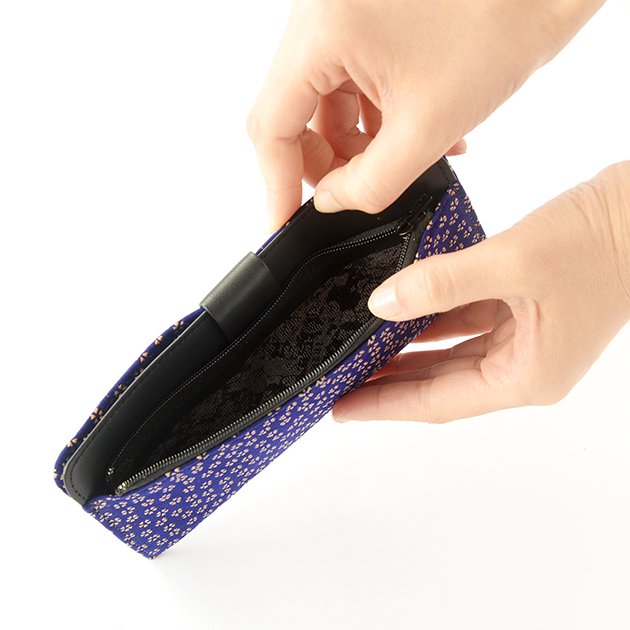 Japanese Deerskin Leather Long Wallet with Urushi Lacquer - Cherry Blossom & Navy Design | Premium Handmade Bifold Wallet for Men & Women | Perfect for Everyday Use, Business, and Gift Giving
