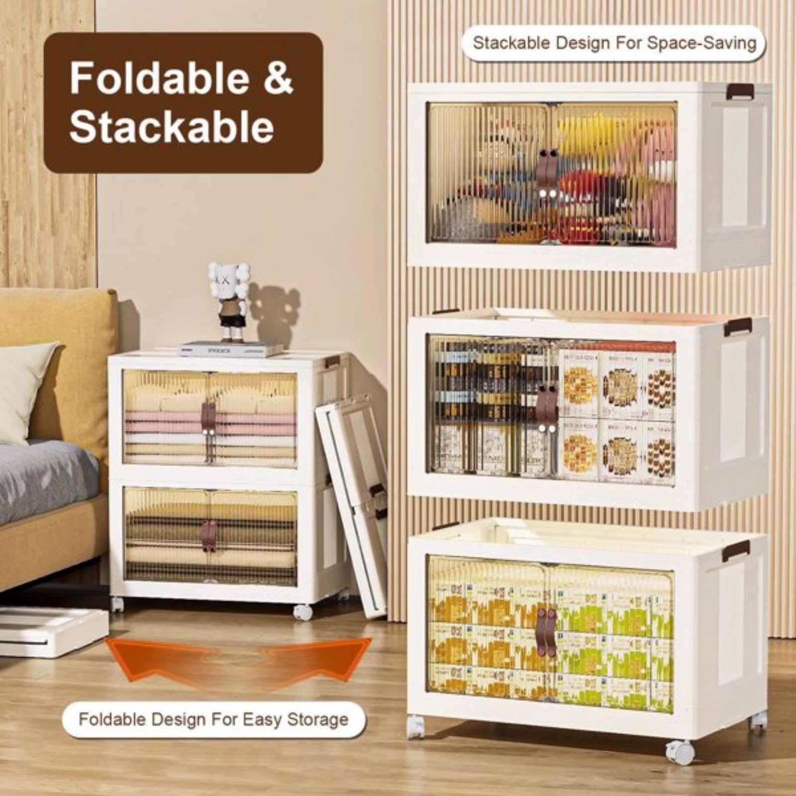 3 Pack Foldable Storage Boxes with Lids - Stackable Closet Organizer Bins for Home & Office - Magnetic Front Door & 360° Rotating Wheels - Perfect for Bedroom, Closet, Kids Toy Storage & Underbed Organization