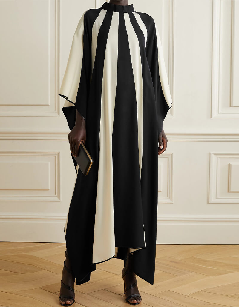Luxury Black and White Satin Silk Kaftan Dress - Elegant Soft Flowy Lounge Wear for Women - Perfect for Beach Cover Ups, Bridal Party, and Evening Occasions