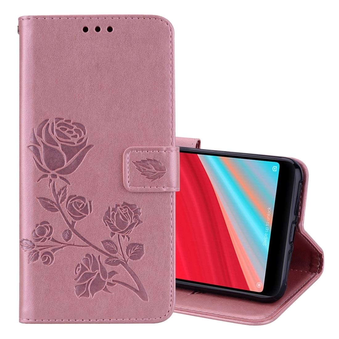 Premium PU Leather Flip Wallet Case for Xiaomi Redmi S2 - Rose Gold Embossed Design with Card Slots & Phone Holder | Protective Phone Cover for Daily Use, Business & Travel