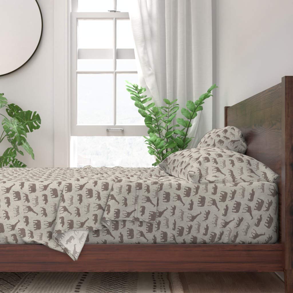 Safari Animals Print 100% Cotton Queen 4-Piece Bedding Set - Brown Beige Elephant Giraffe Rhino Zebra Lion Wild Theme Custom Sheets | Perfect for Jungle Nursery, Kids Room Decor & Wildlife Lover's Bedroom