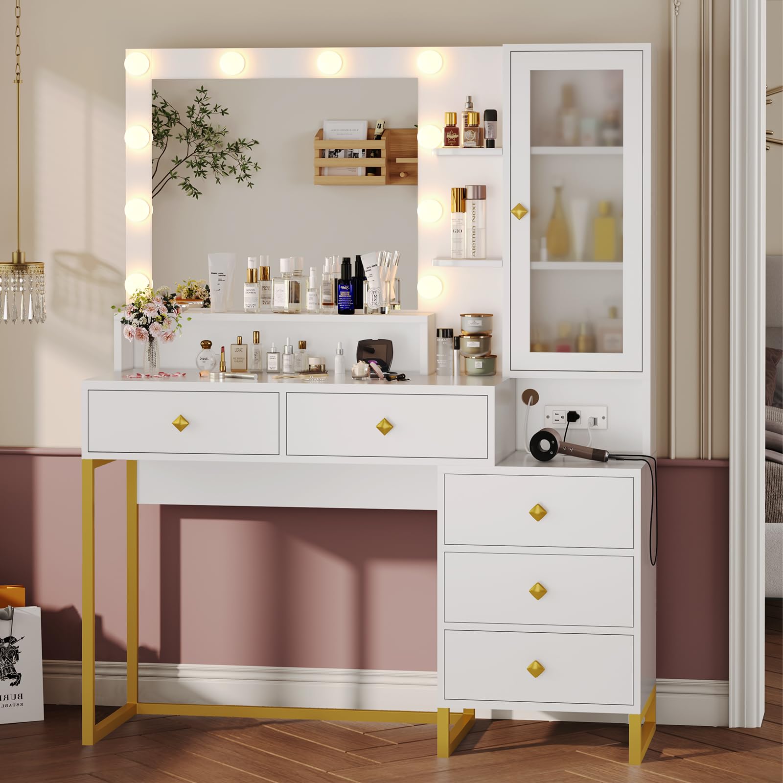 Tiptiper Makeup Vanity with Lights & Charging Station, 5 Drawers & Shelves - Perfect for Home Beauty Setup