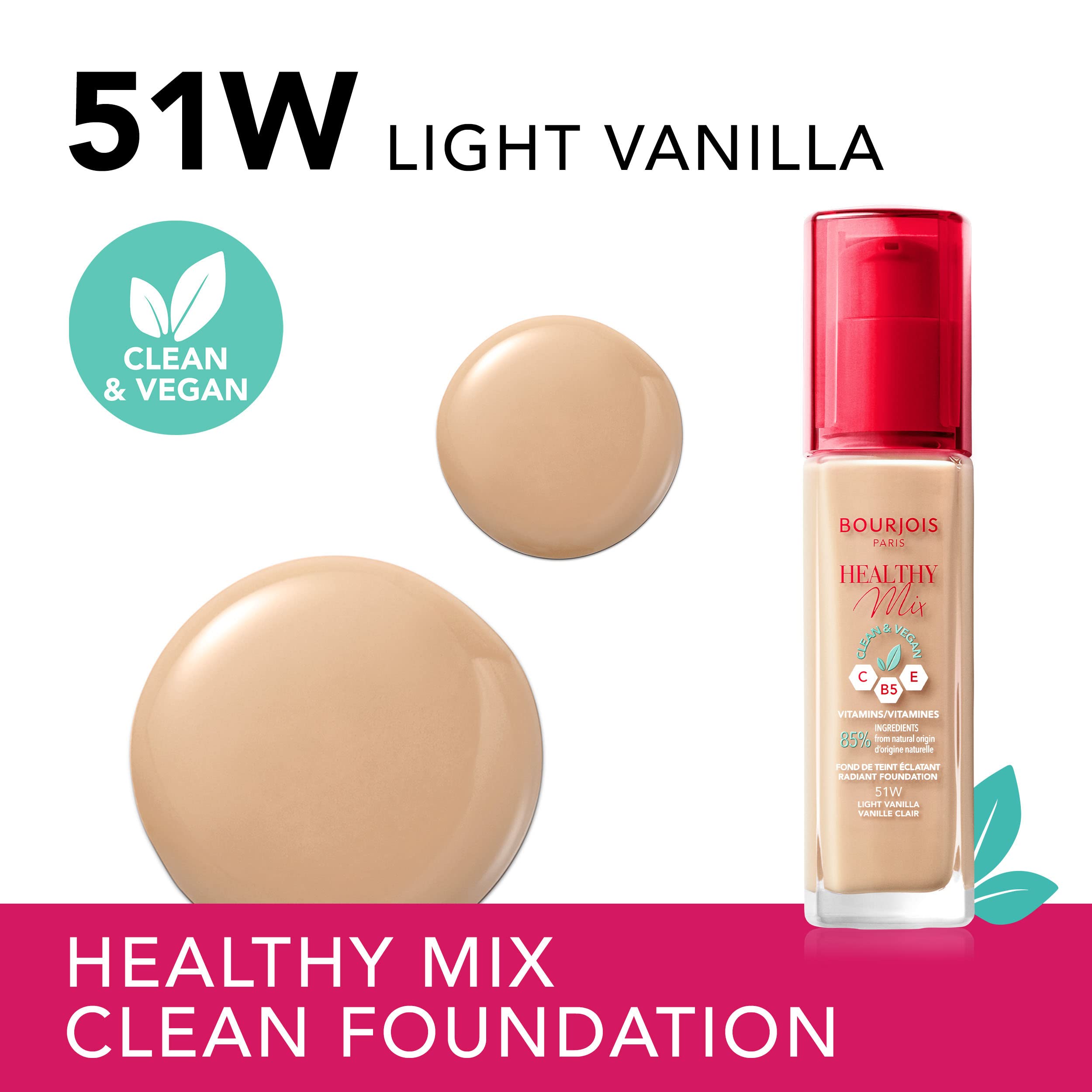 Bourjois Healthy Mix Clean & Vegan Foundation - 51W Light Vanilla | Lightweight, Natural Finish | Perfect for Everyday Wear & Sensitive Skin