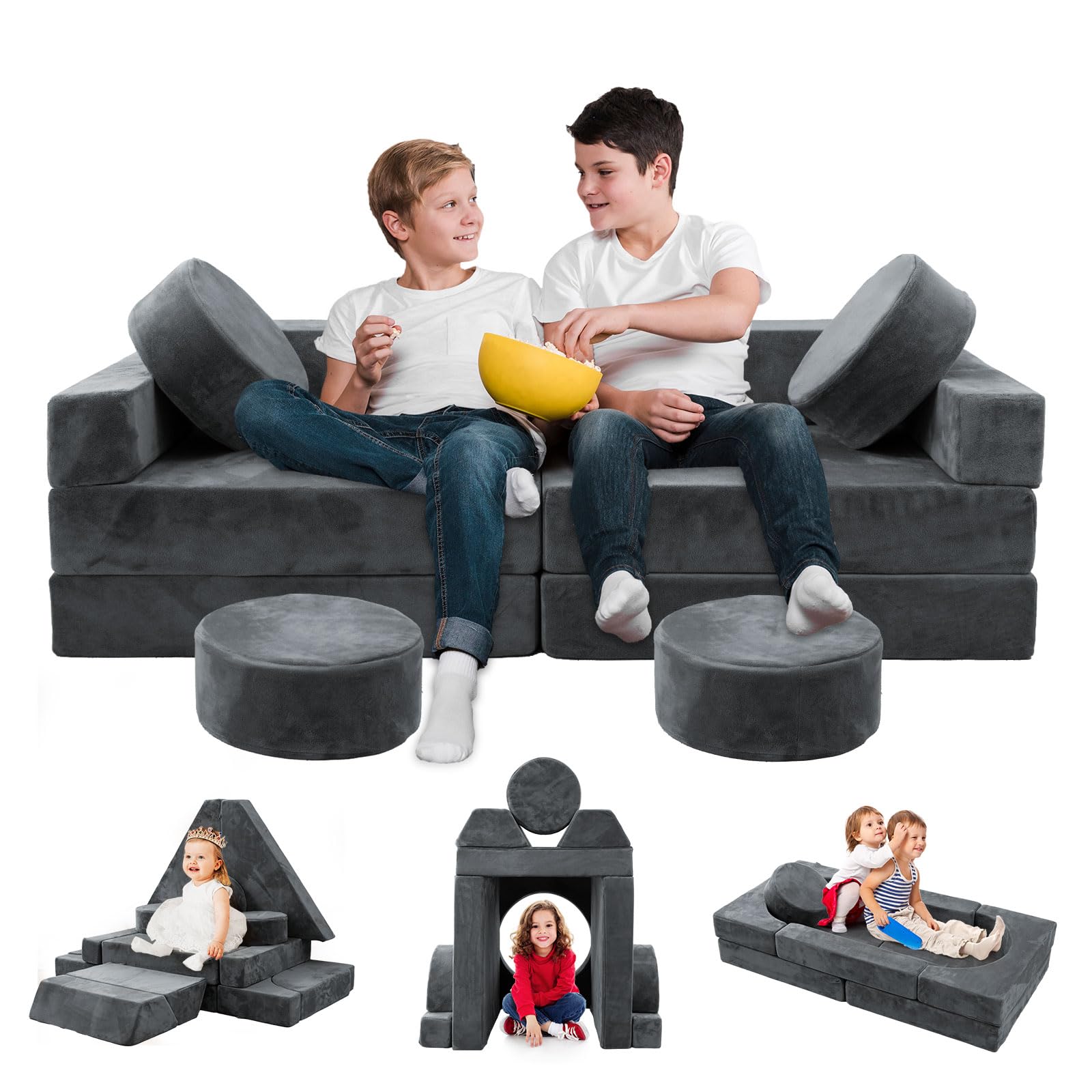 HOMFINE 16-Piece Modular Kids Play Couch - Convertible Toddler Sofa Set with Foam Cushions for Boys & Girls, Grey | Sectional Playroom Furniture for Fort Building, Lounging & Sleepovers | Perfect for Bedrooms, Playrooms & Daycare Centers