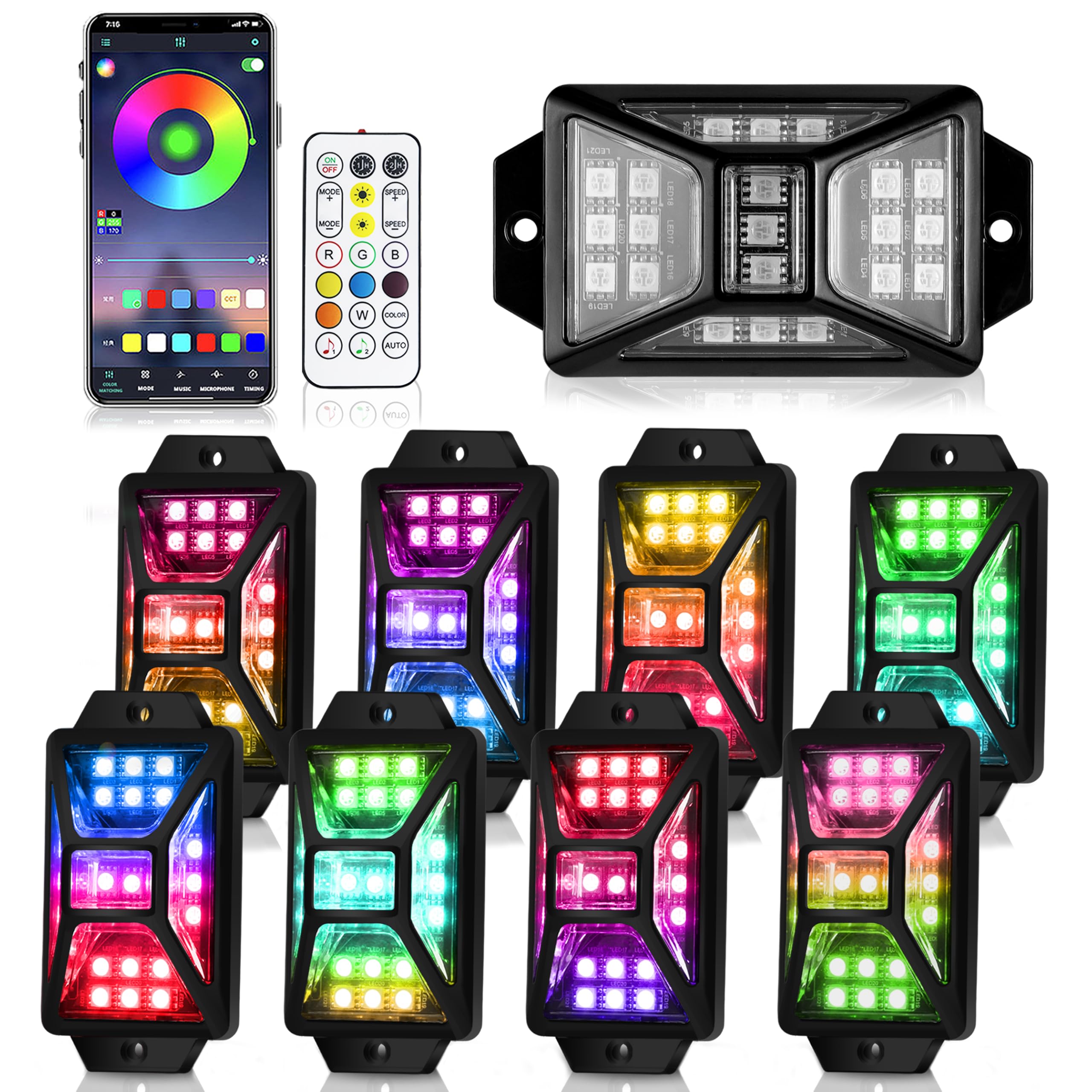8 Pods Full Angle RGB Rock Lights - 12V-24V Waterproof LED Lights for Trucks, Jeep, UTV, SUV, ATV, Boat & Golf Cart - Multi-Color App/Remote Control with Music Sync - Perfect for Off-Roading, Night Rides & Vehicle Customization