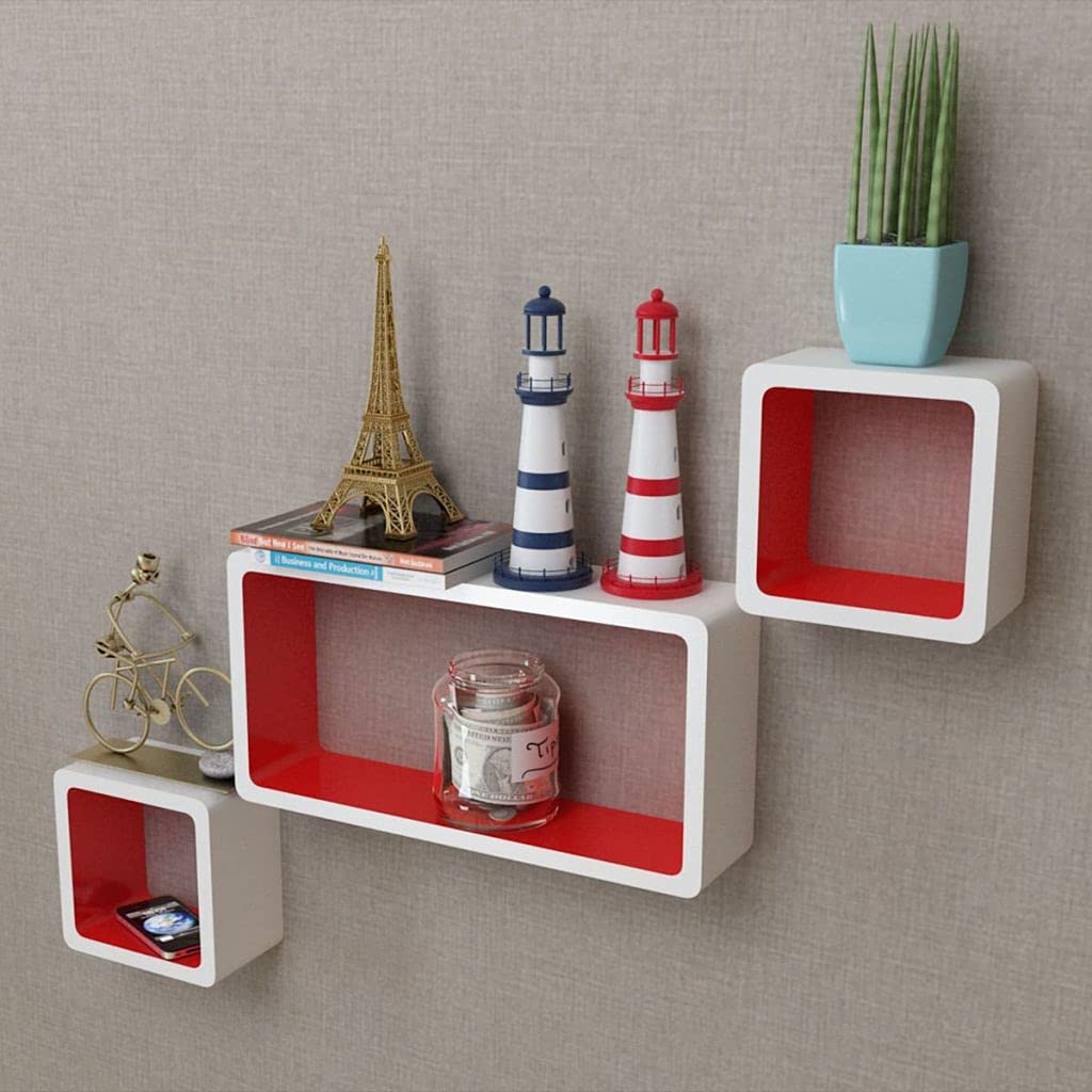 3-Tier Floating Wall Shelf Set - White & Red MDF Wall Mounted Storage Cubes for Home Decor, Books, Plants & Display - Modern Square Shelves for Living Room, Bedroom & Office Organization