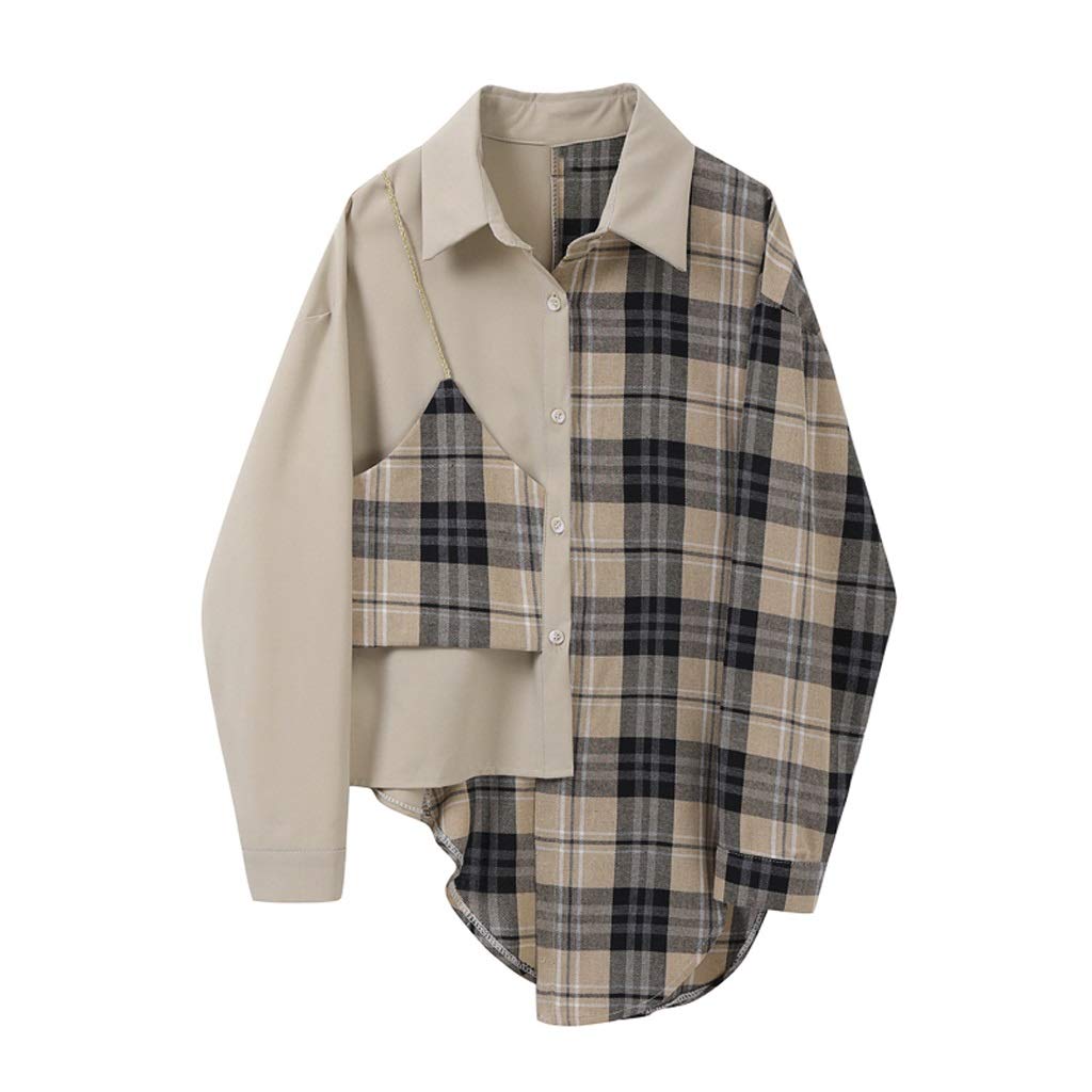 GPPZM Women's Plaid Asymmetrical Split Blouse with Lapel - Long Sleeve Loose Fit Fashion Top for Spring & Autumn | Office Wear, Casual Outfits, Date Night