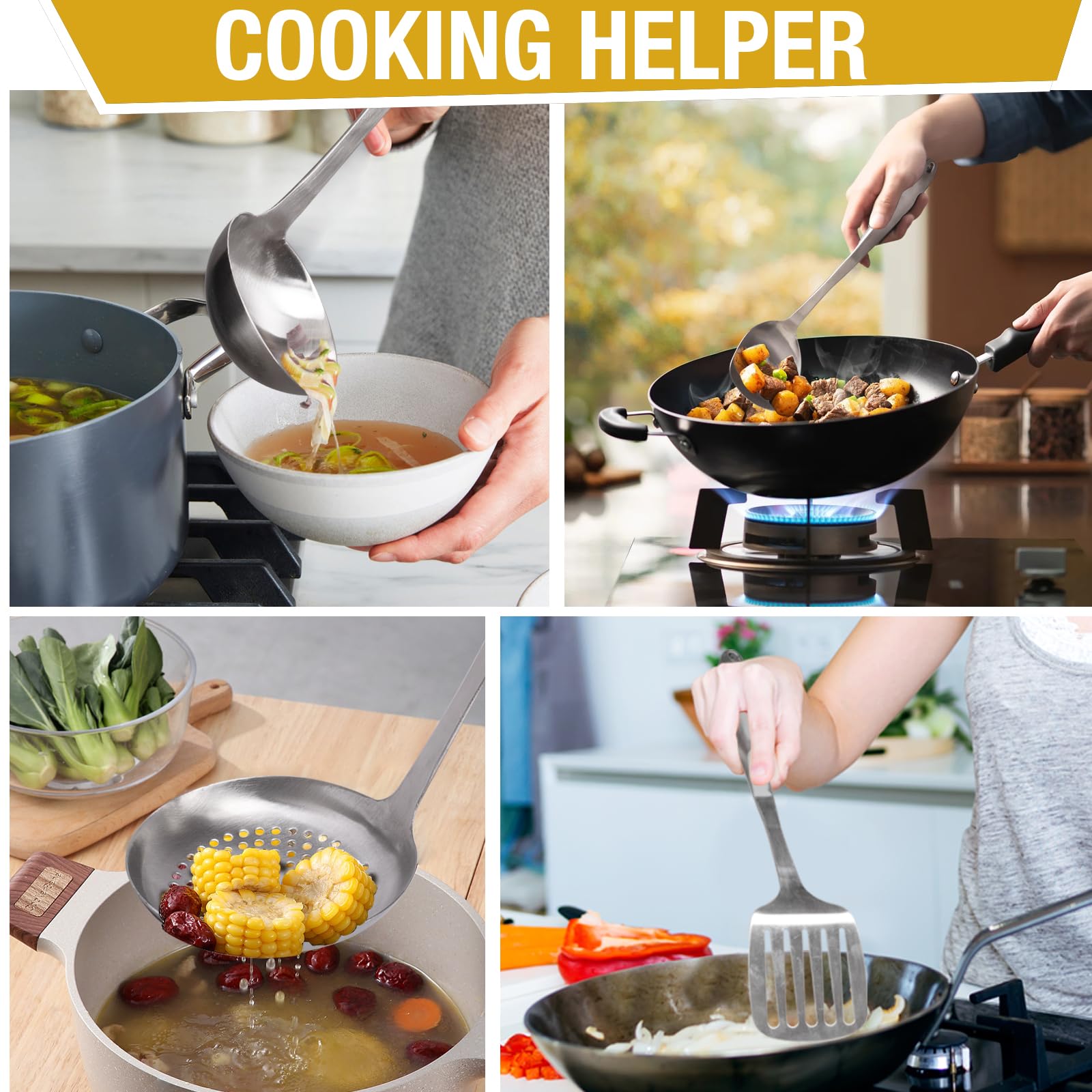 Premium 4-Piece Stainless Steel Kitchen Utensil Set - 304 Grade Spatula, Soup Ladle, Wok Turner & Skimmer Spoon with Heat-Resistant Handles | Dishwasher Safe Cooking Tools for Frying, Stir-Frying & Serving | Ideal for Home Chefs & Professional Kitchens
