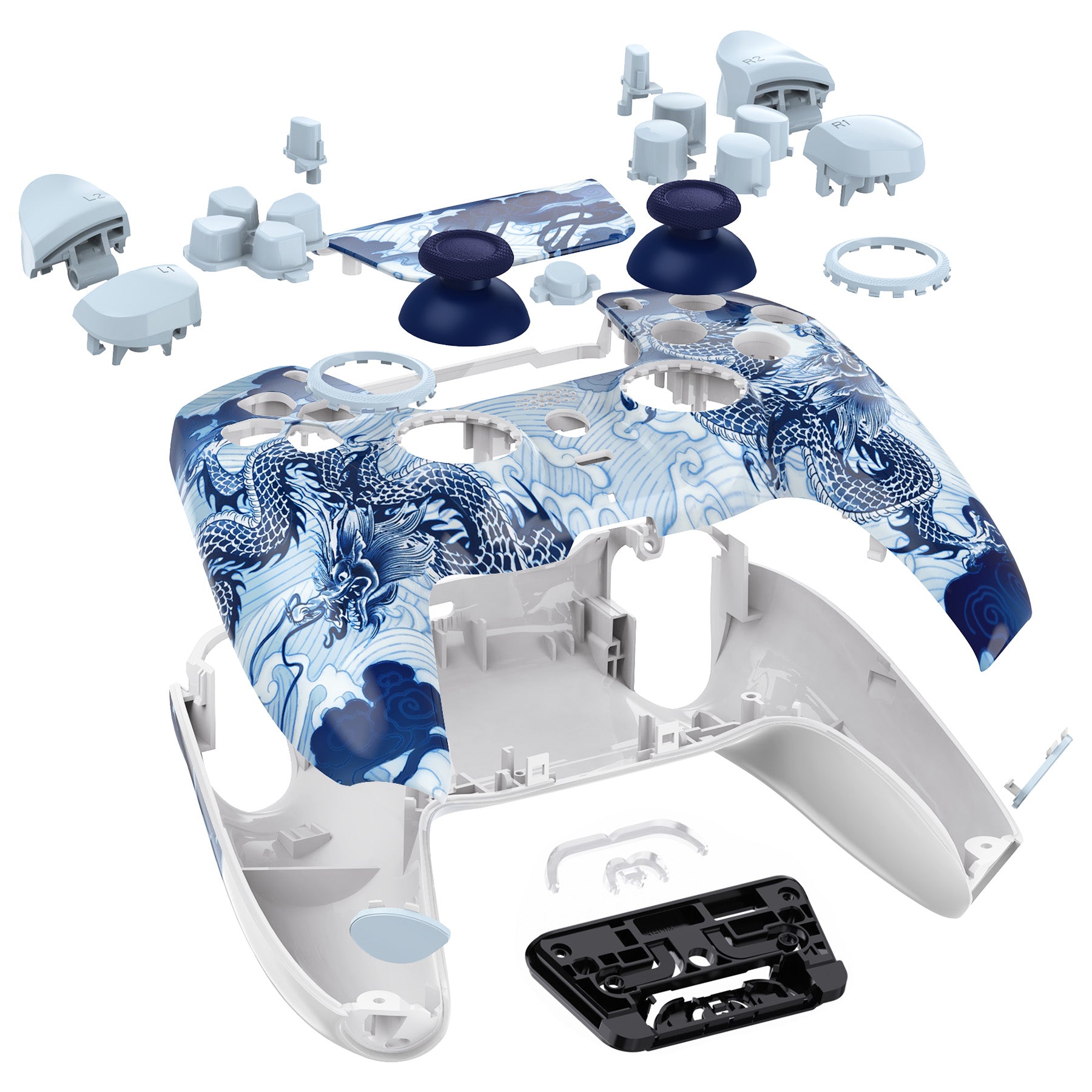 eXtremeRate LUNA Redesigned Replacement Shell Kit with Buttons for PS5 Controller BDM-030/040/050 - Porcelain Dragon Design | Custom Gaming Setup & Controller Modding