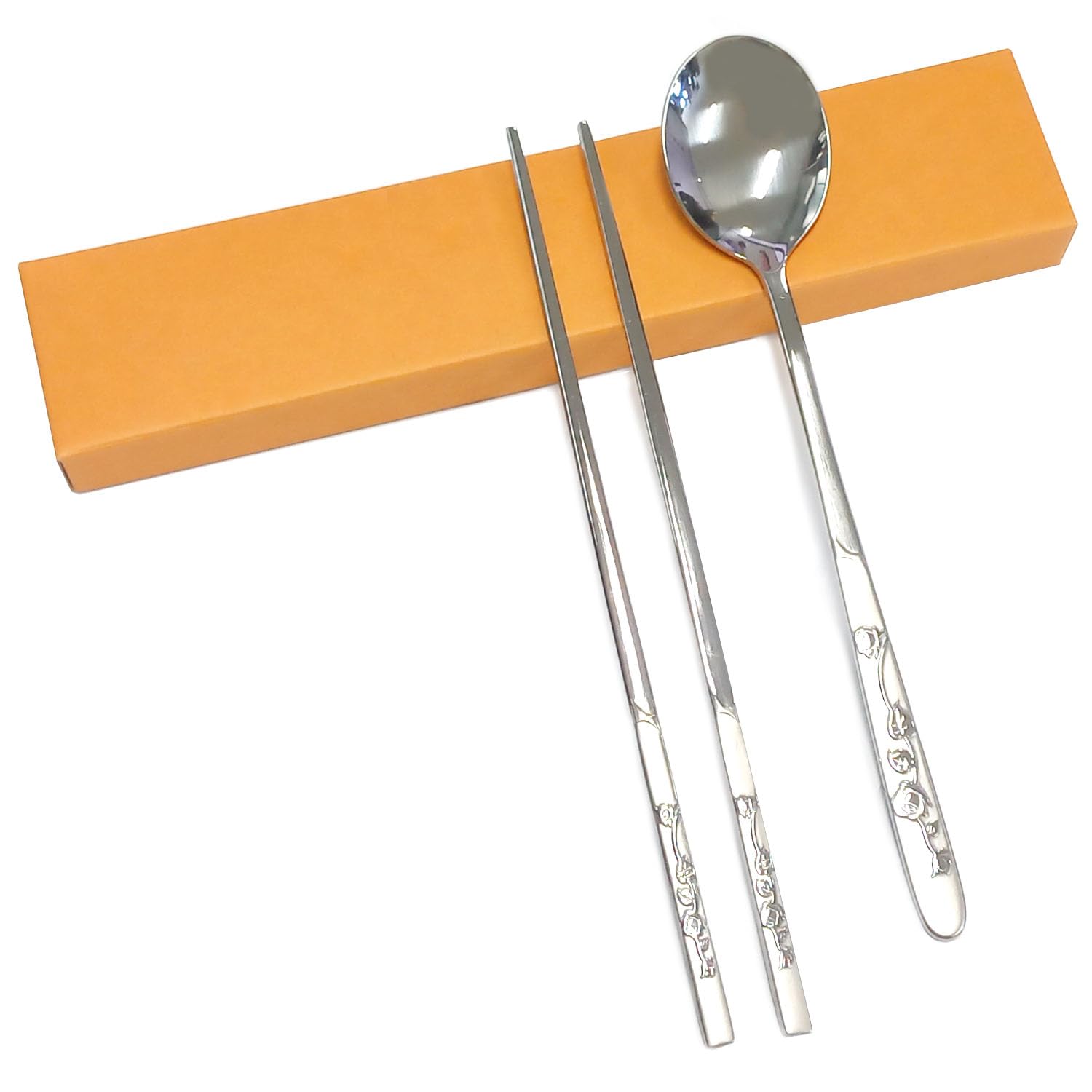 SUPIA Korean Traditional Stainless Steel Cutlery Set - Reusable Long Handle Spoons & Chopsticks for Dining, Gift, or Home Decor (Silver Rose)