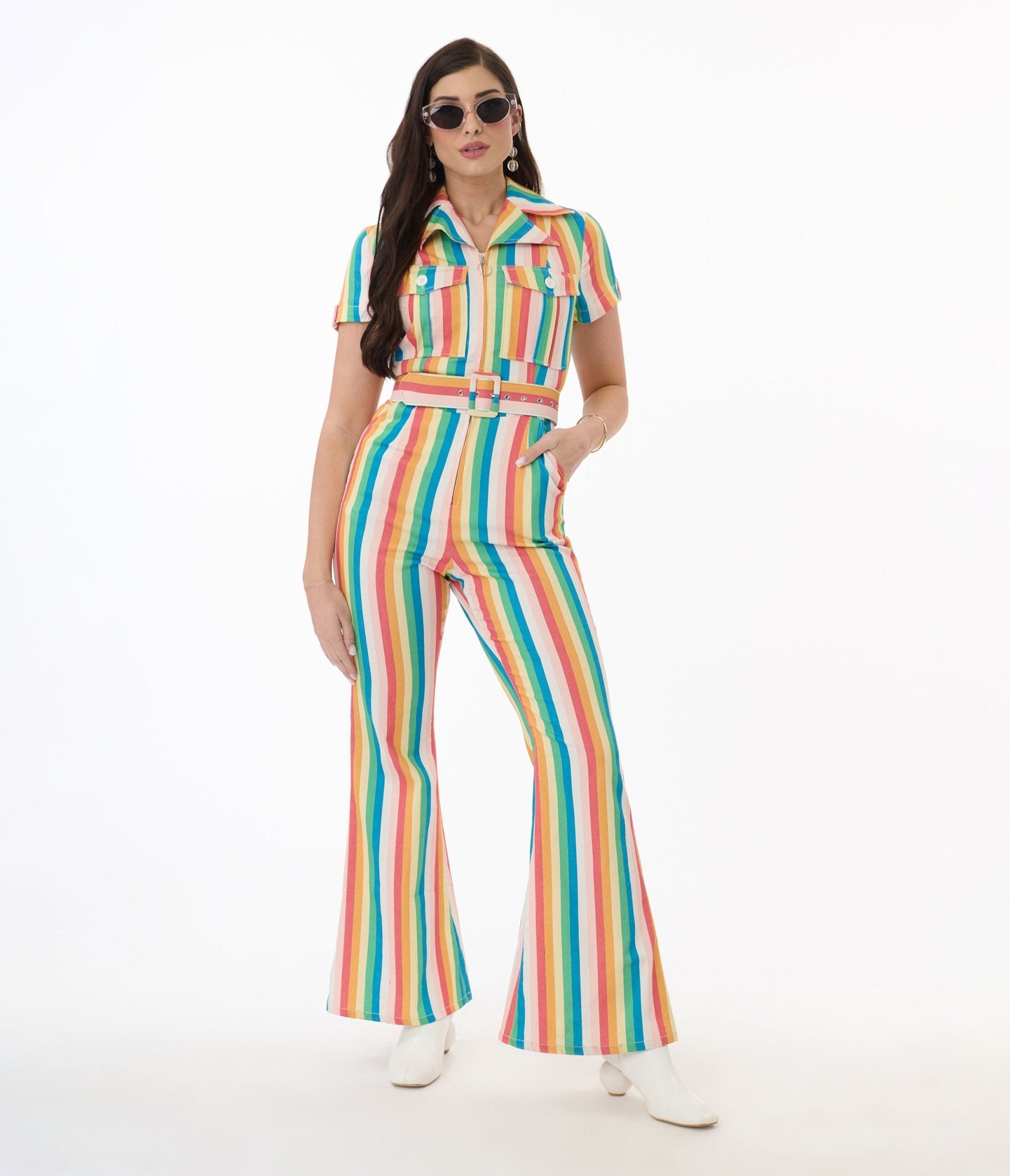 Smak Parlour Retro Rainbow Stripe Flare Jumpsuit - 70s Vintage Inspired Wide Leg Romper for Women | Perfect for Music Festivals, Parties & Boho Fashion