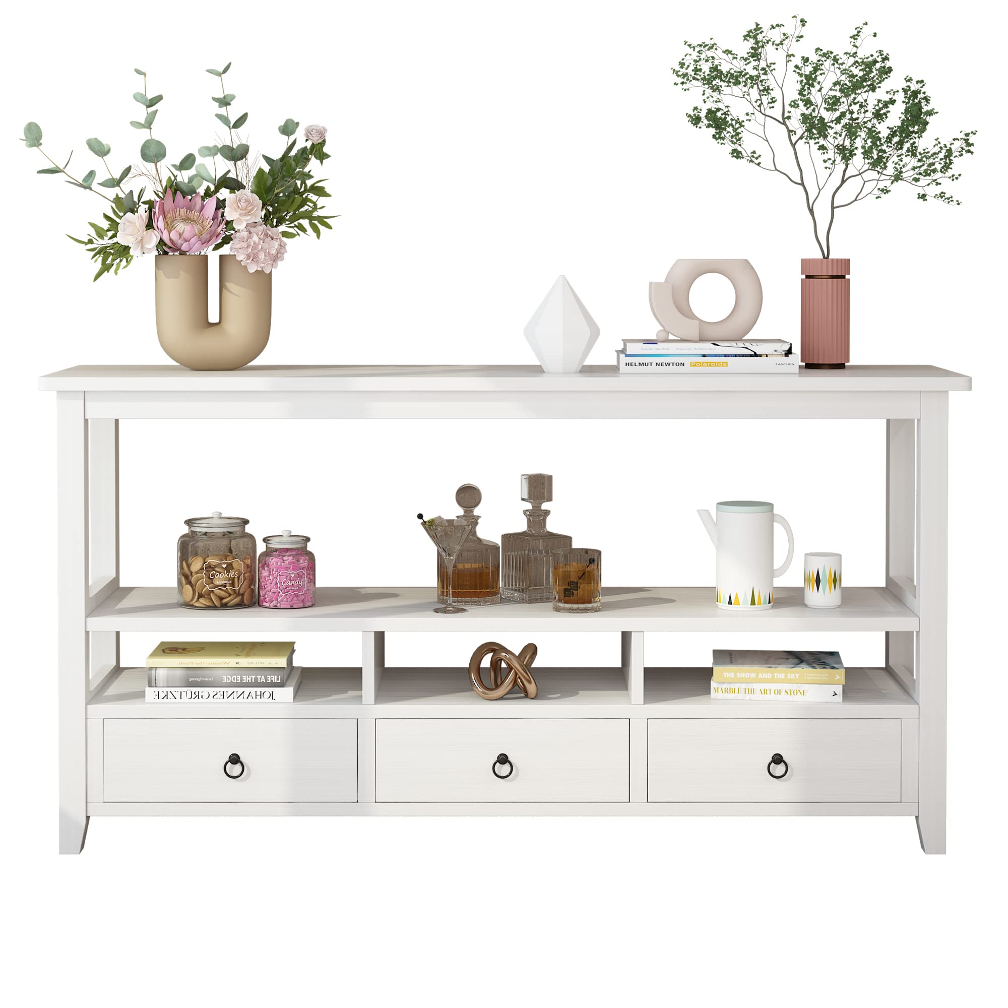 JASOYA 3-Tier Vintage Industrial Console Table with 3 Drawers & Open Shelves - Solid Wood Entryway Sofa Table, Coffee Table for Living Room, Bedroom, Hallway - White Finish | Perfect for Small Spaces & Home Decor