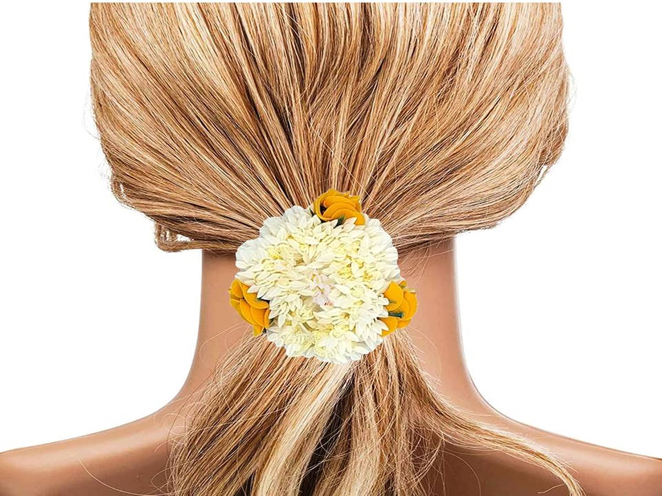 DIAN Pack of 2 White & Yellow Artificial Flower Hair Scrunchies for Women - Mogra Gajra Hair Bun Accessories for Wedding, Party & Boho Style (Perfect for Bridal, Festival & Everyday Fashion)