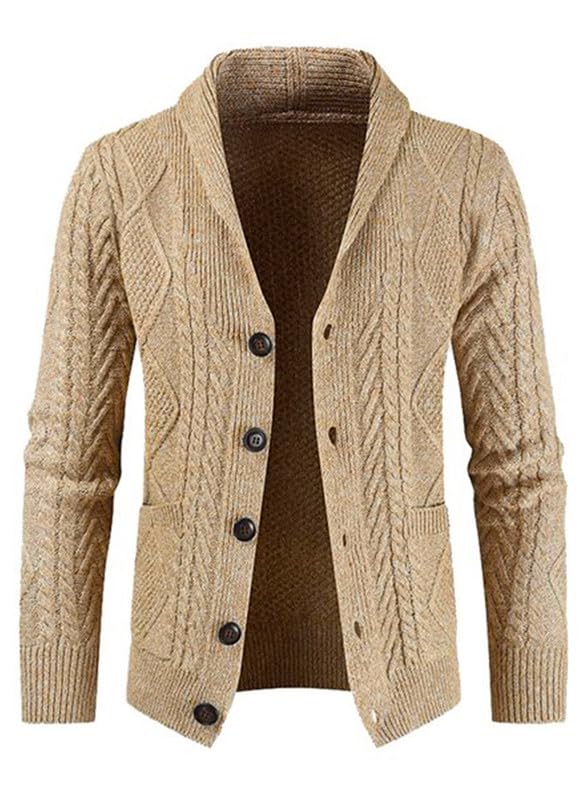 Men's Slim Fit Cable Knit Shawl Collar Cardigan Sweater with Pockets - Casual Button Up Pullover for Fall & Winter - Perfect for Office, Date Night and Weekend Outings