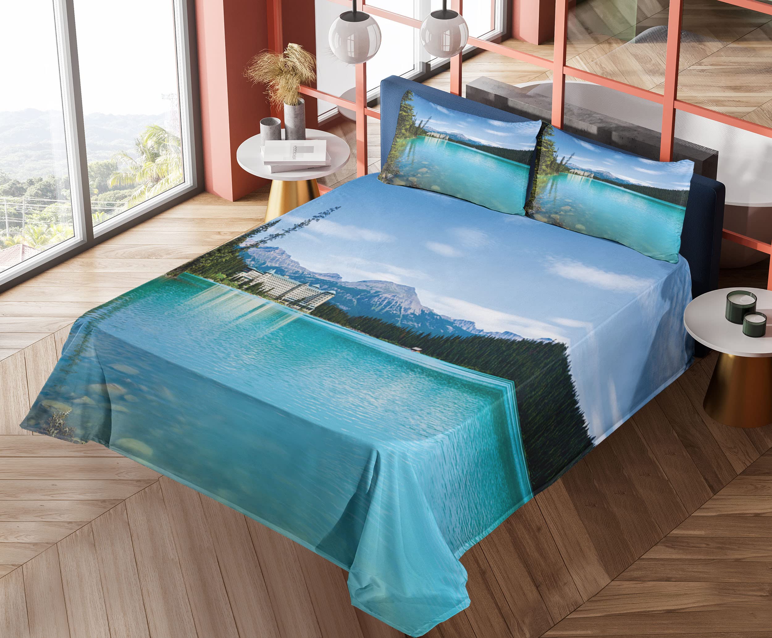 Ambesonne Historical Castle Landscape Sheet Set - 4 Piece King Size Bedding with Fitted Sheet, Flat Sheet & Pillowcases - Turquoise Green Canadian Rural Art Design for Luxurious Bedroom Decor | Perfect for Guest Rooms, Vacation Homes & Castle-Themed Bedrooms