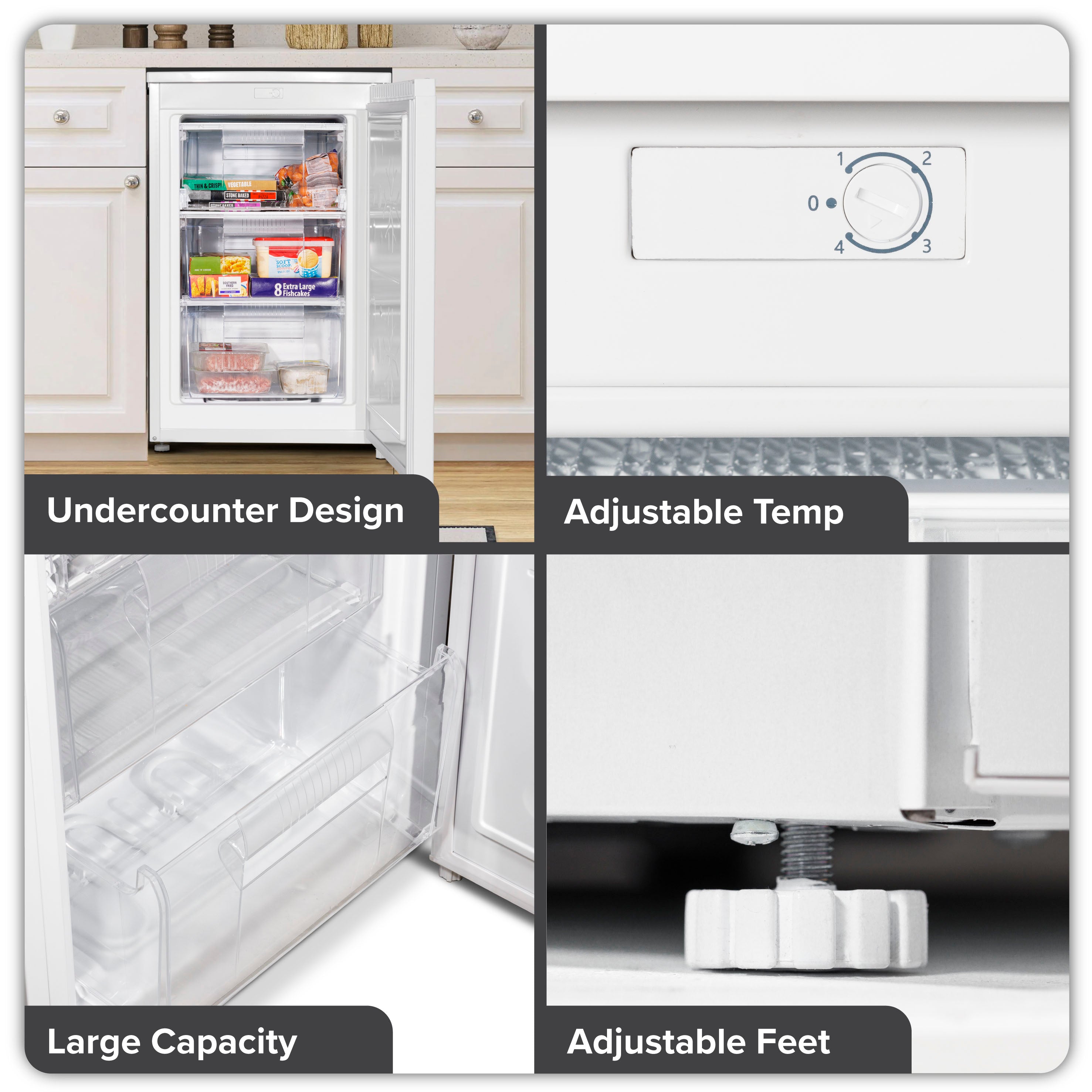 Baridi 55cm Undercounter Freezer with Adjustable Thermostat, 4 Star Energy Rating, 85L Capacity, White - Perfect for Home, Kitchen, Restaurant & Commercial Use - Model DH250