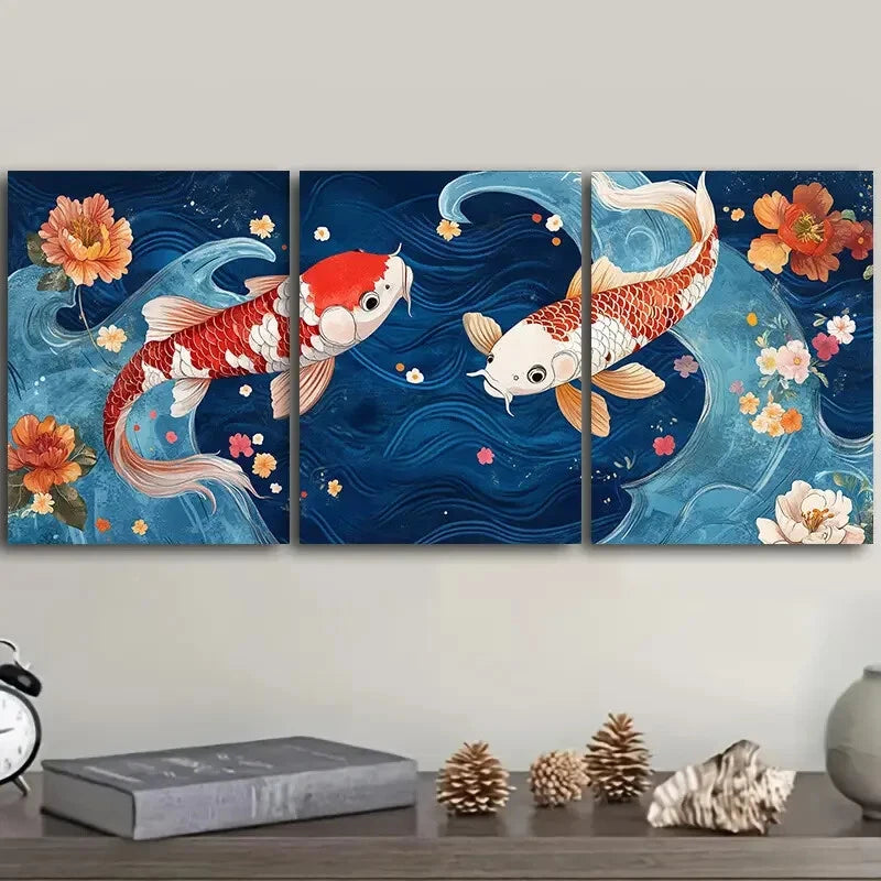 3pcs Red and White Koi Fish Metal Wall Art with Floral Design - Ready to Hang Home Decor for Living Room, Bedroom, or Office