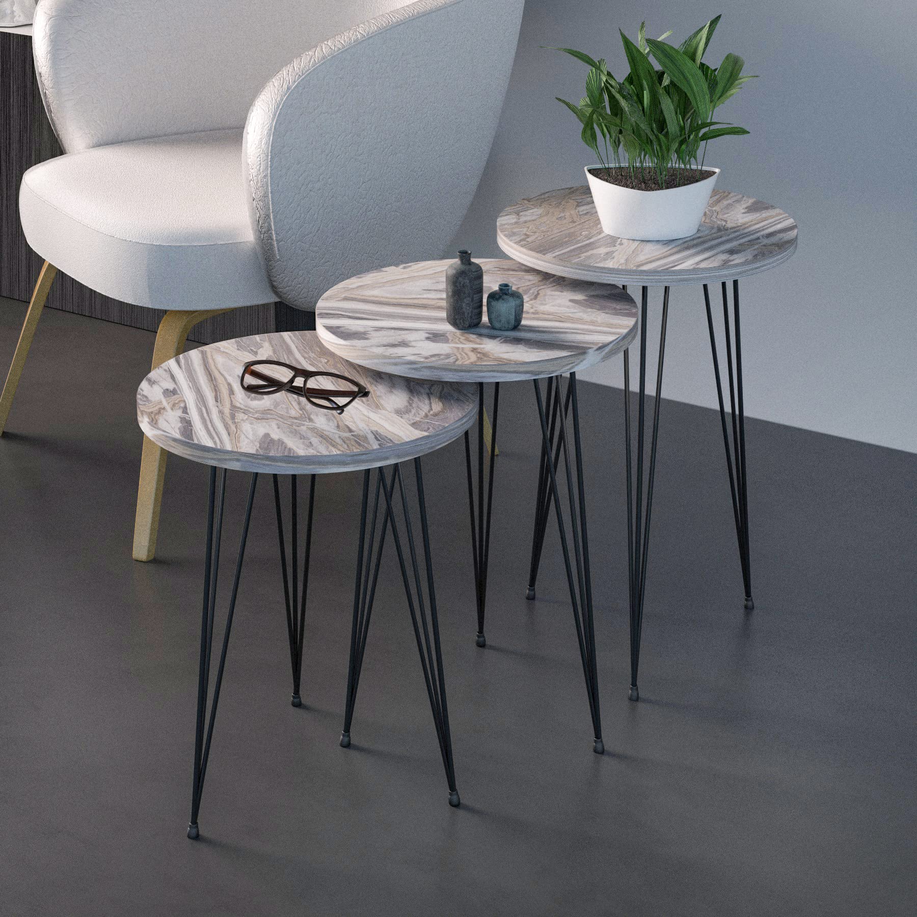 PAK HOME Set of 3 Grey Marble Nesting End Tables - Round Wood Stacking Coffee Side Tables with Metal Legs for Living Room, Bedroom & Home Office - Perfect for Small Spaces, Modern Decor & Multi-Purpose Use