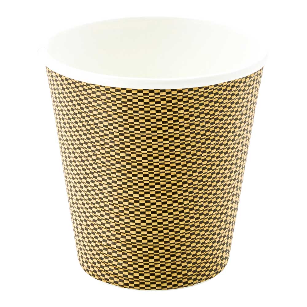 8 oz Mocha Pin Check Paper Coffee Cups - Spiral Wall Design - 3.5