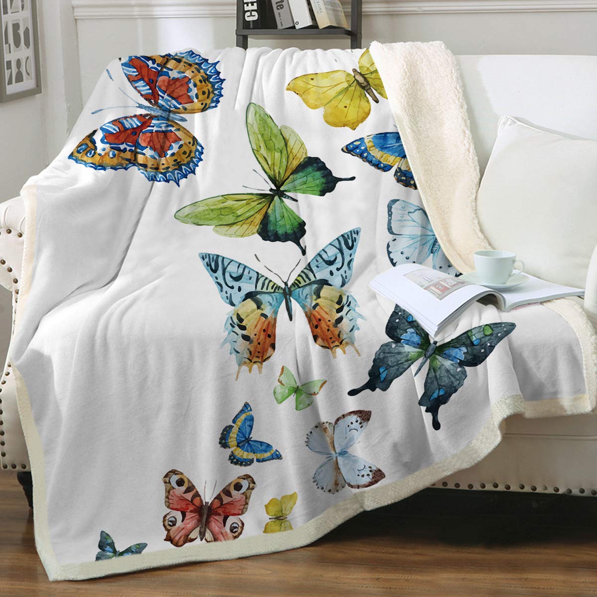 Soft Reversible Sherpa Fleece Butterfly Blanket for Adults & Kids - Cozy Home Throw Blanket 90x90 Inches (Queen Size) - Perfect for Bed, Sofa, and Outdoor Use