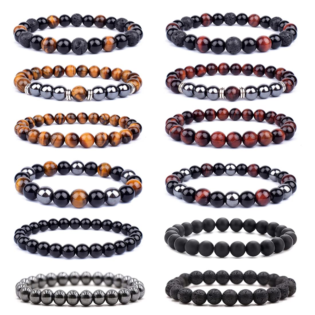 MOZAKA 12Pcs 8mm Triple Protection Bracelet Set for Men & Women - Natural Hematite, Tiger Eye & Lava Rock Beads - Healing Stone Stretch Bracelets for Stress Relief, Positive Energy & Spiritual Balance (Great for Yoga, Meditation & Daily Wear)