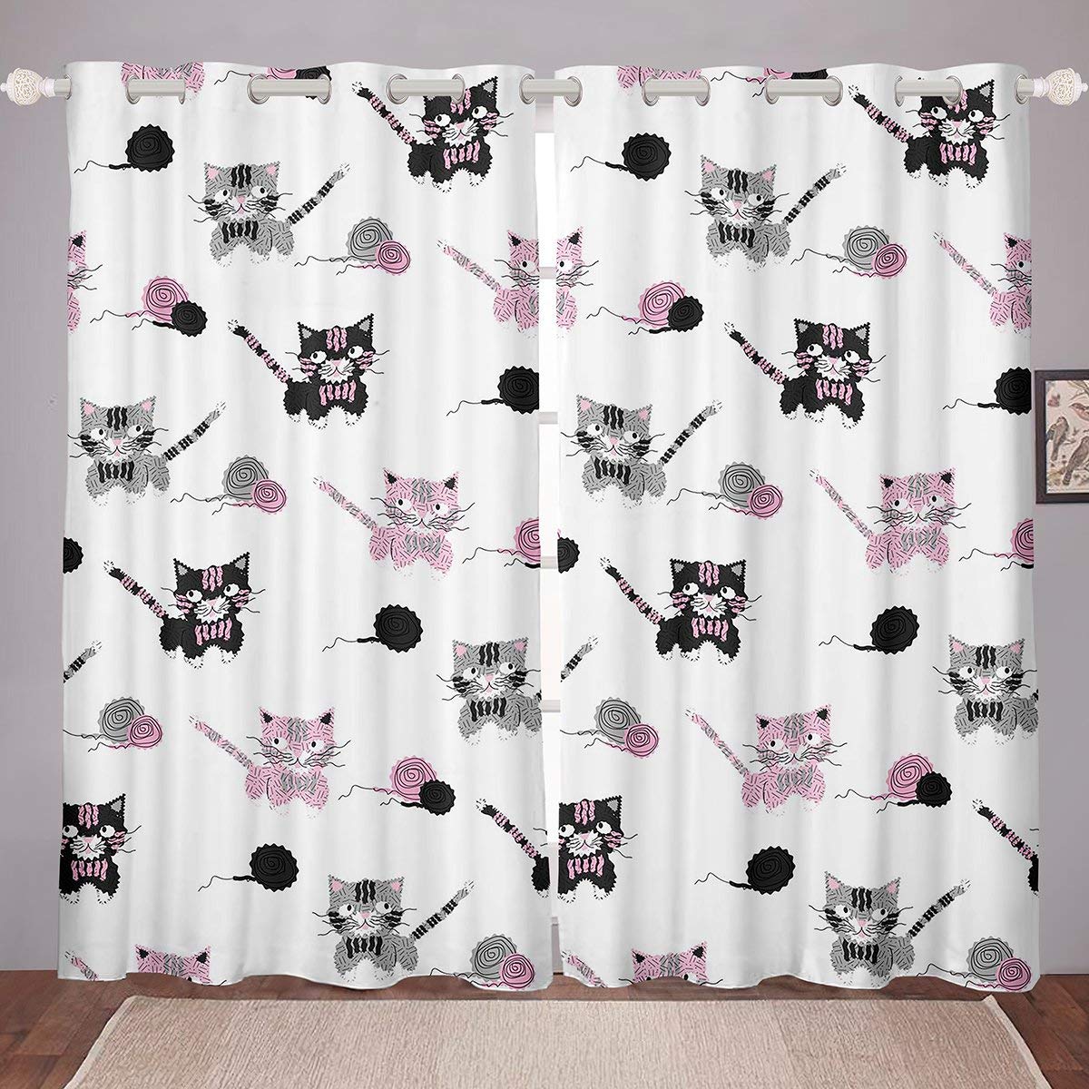 Feelyou Blackout Cat Print Curtains for Bedroom - Cute Kitten Pattern Window Drapes, 2 Panels 38x54 Inch, Darkening Animal Theme Curtains for Living Room & Nursery Decor