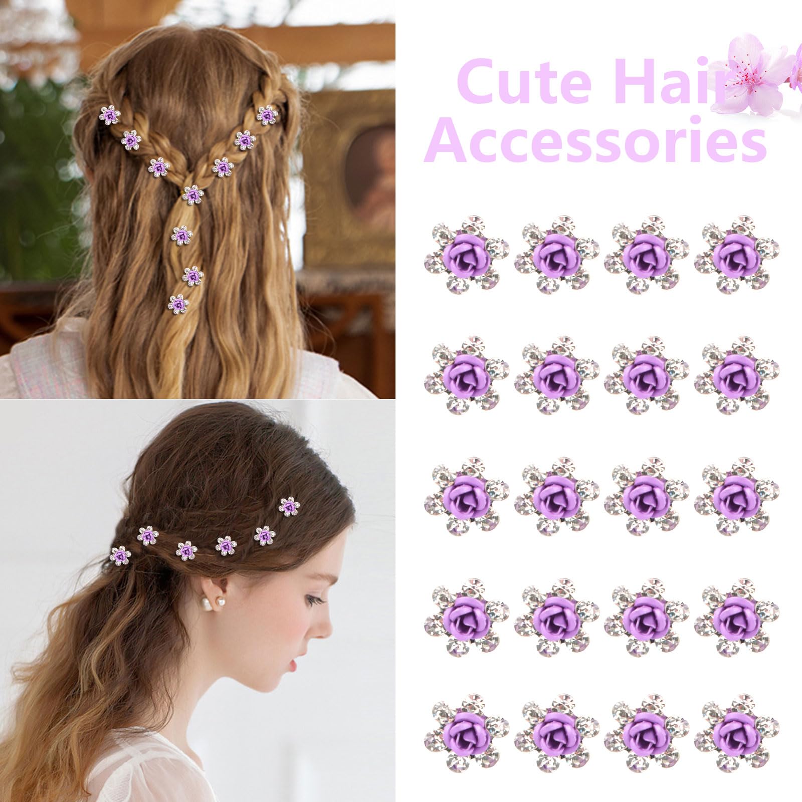 YISSION 20Pcs Mini Purple Flower Hair Clips with Rhinestones - Cute Decorative Hair Pins for Women & Girls - Wedding & Bridal Hair Accessories - Perfect for Parties, Prom, Daily Styling