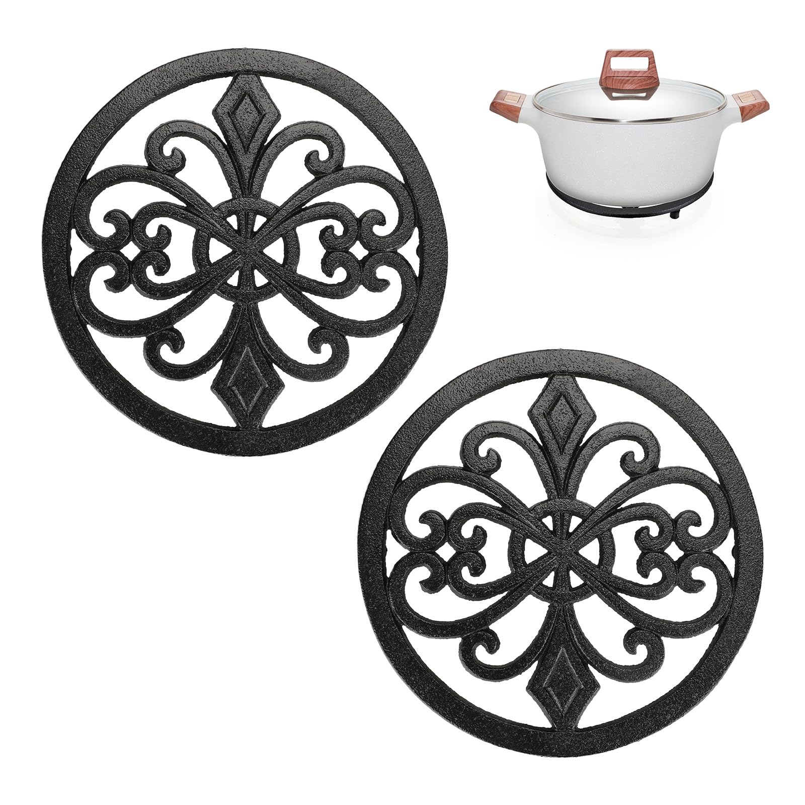 Sumnacon 2-Pack 8 Inch Round Cast Iron Trivets - Heat Resistant Hot Plate Holders for Pots, Pans, Dishes & Teapots - Rustic Kitchen Countertop Protectors for Dining Table, Stovetop & Cooktop Use