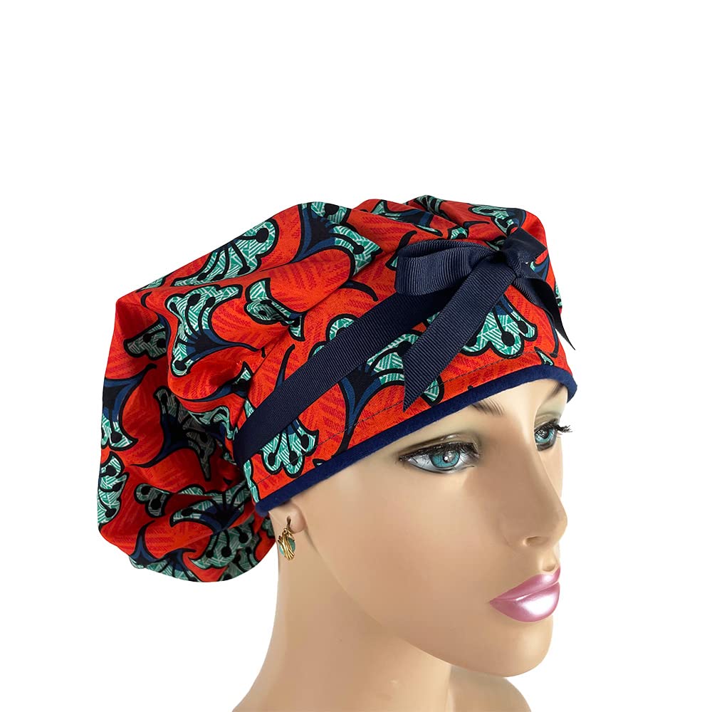 Black History Month Orange Floral Bouffant Medical Scrub Cap with Sweatband - Unisex Surgical Hat for Doctors & Nurses - Ponytail-Friendly Design for Healthcare Professionals - Perfect for Hospitals, Clinics & Medical Offices