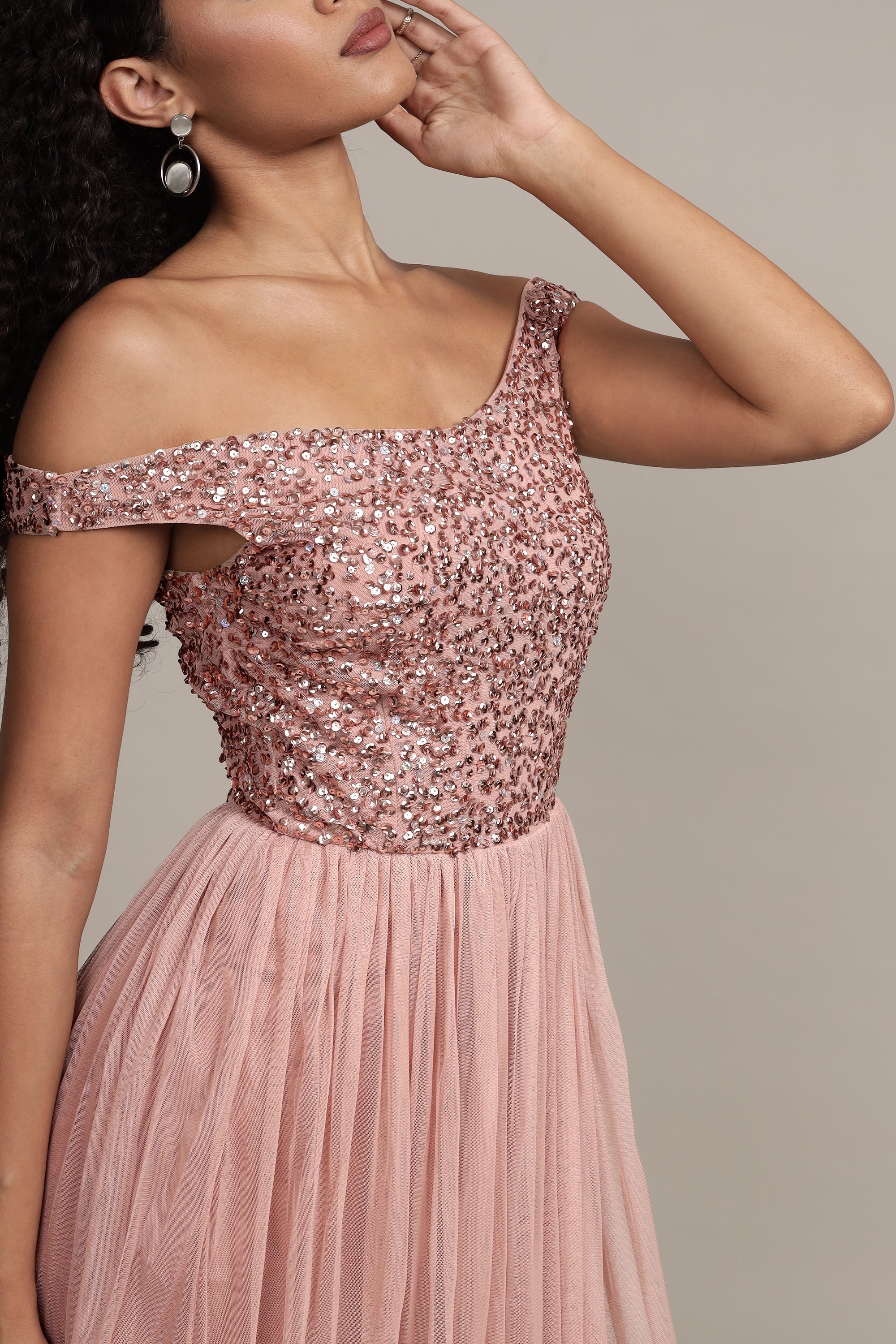 Nina Taupe Embellished Bridesmaid Maxi Dress - Elegant Formal Gown for Weddings, Prom & Special Occasions