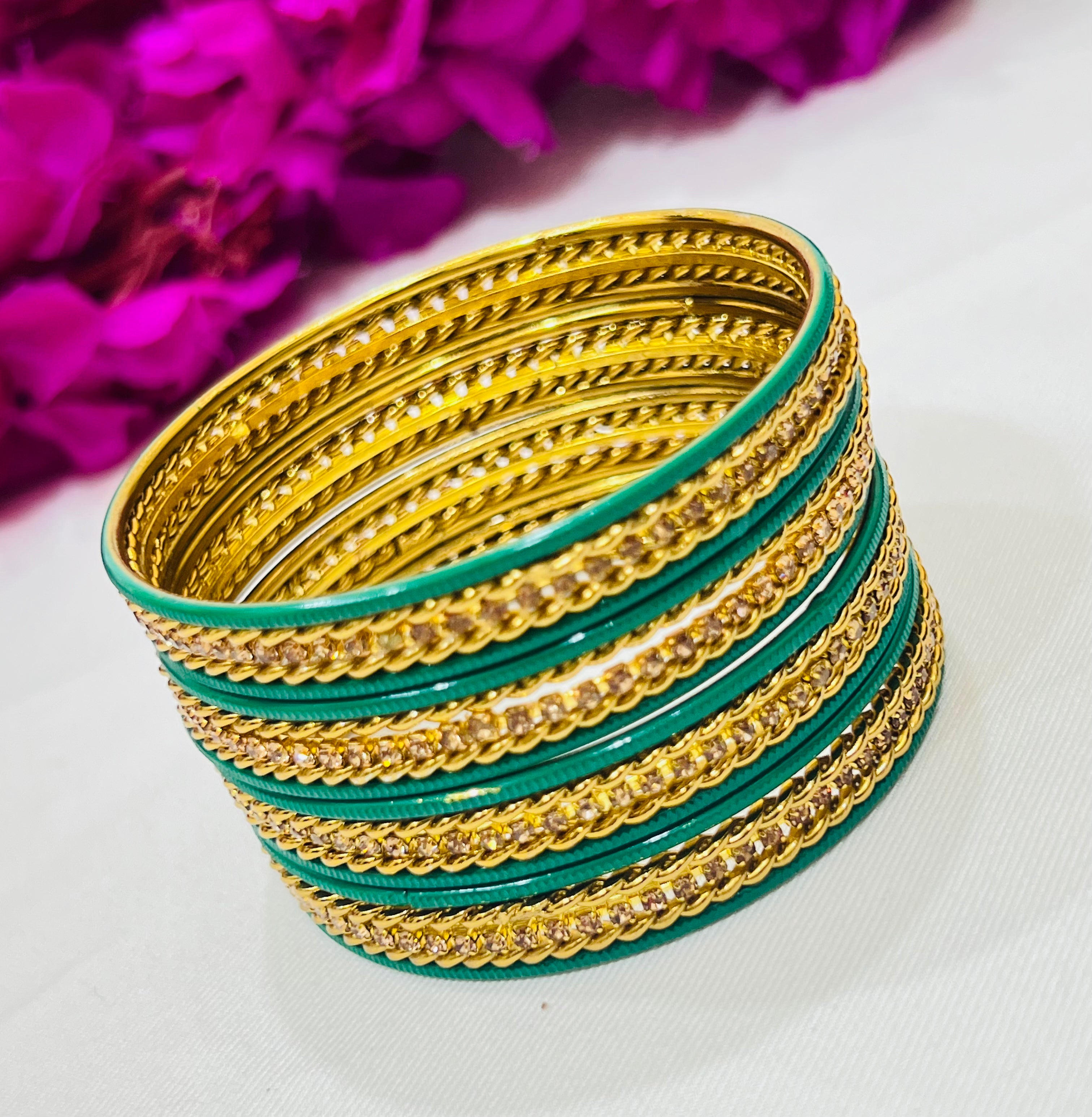 Elegant Light Green Metal Bangles with Sparkling Stones for Women - Perfect for Parties, Weddings & Everyday Fashion Accessories