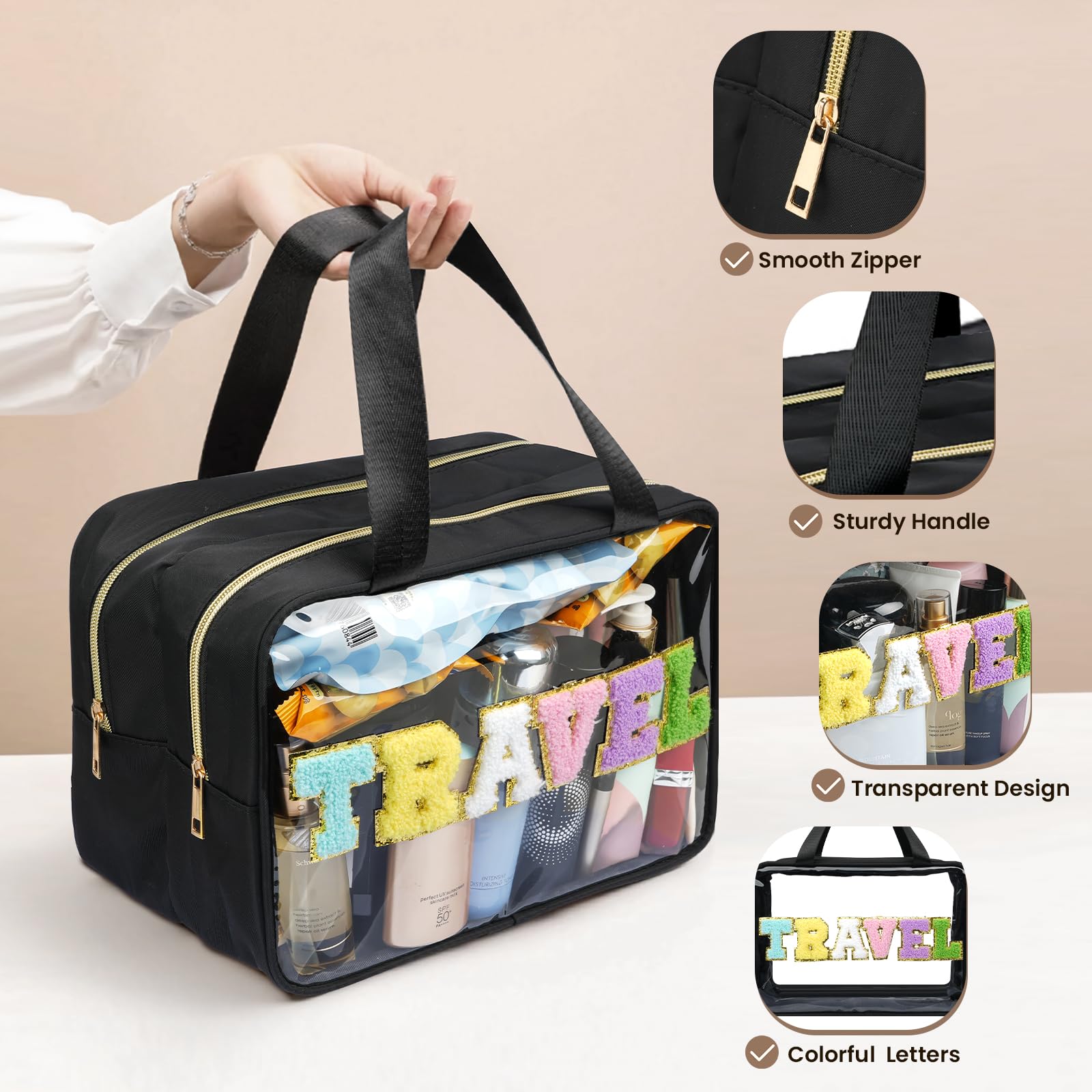 Yowivon Extra Large Waterproof Travel Pouch for Toiletries & Makeup - Clear TSA-Approved Cosmetic Bag for Sunscreen, Skincare & Snacks - Perfect for Beach, Camping, Business Trips, Swimming & Stadium Events (Black, XL)