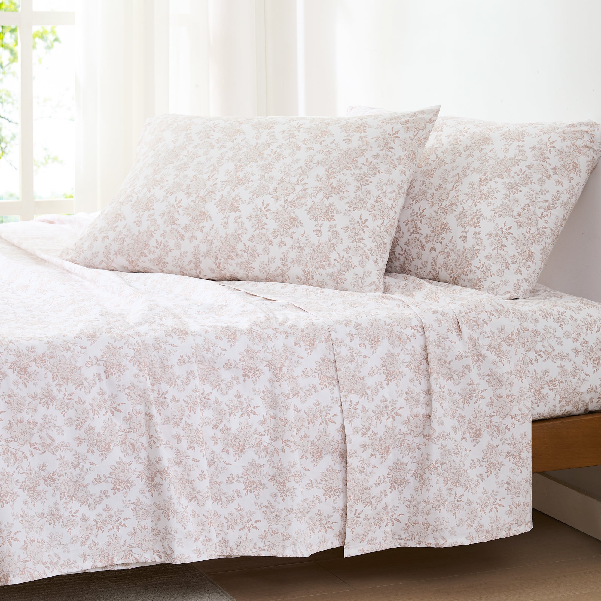 Premium Peony Toile Cotton Sheet Set - Queen Size, 4-Piece Bedding Set with Pillowcases - Soft & Breathable for Comfortable Sleep - Perfect for Master Bedroom, Guest Room, or Vacation Home