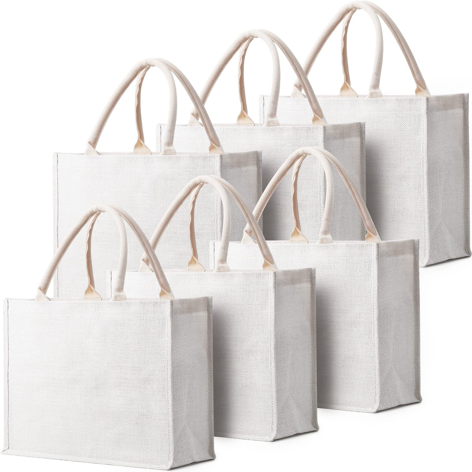 Segarty 6 Pack Large White Burlap Jute Reusable Tote Bags with Handles - Eco-Friendly Canvas Gift Favors for Bridesmaids, Wedding, Grocery Shopping, Beach Trip & Bachelorette Party | Perfect for Women's Market Totes, Blank Bulk Bags & Sustainable Lifestyle