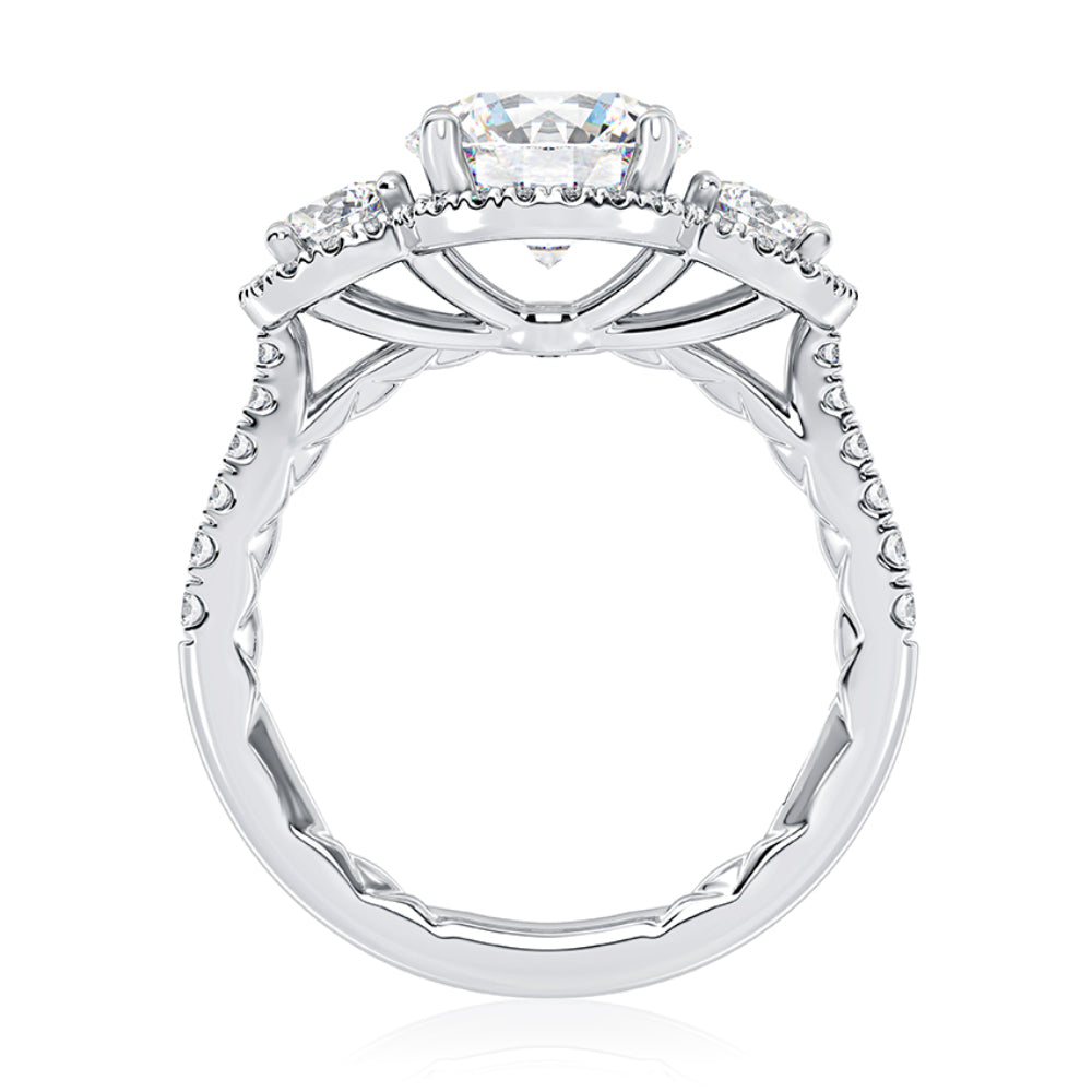 A. JAFFE Three Stone Round Center Diamond Engagement Ring with Round Diamond Halos - Elegant Wedding, Proposal & Anniversary Jewelry Gift for Her