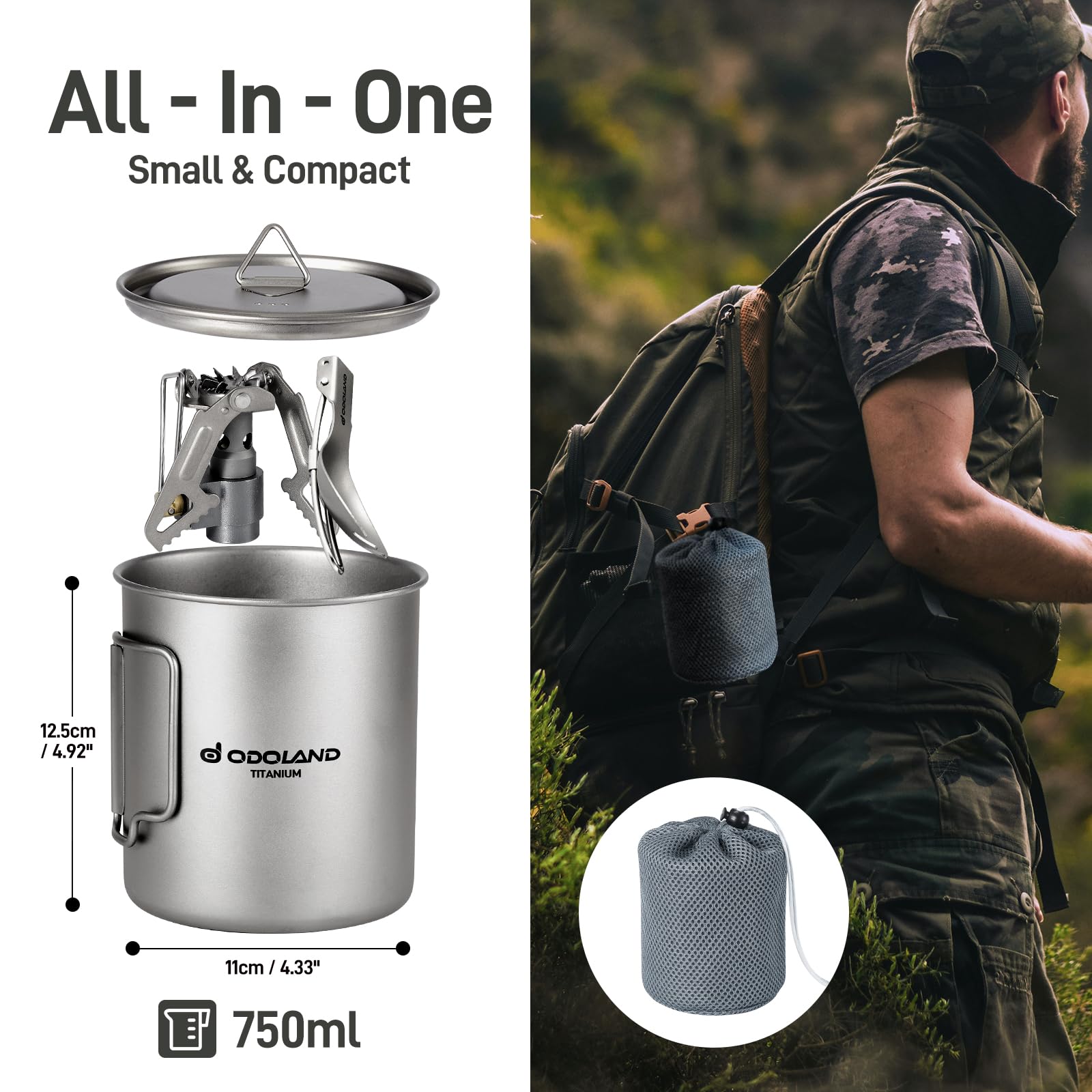 Odoland 750ML Titanium Camping Cookware Set - Lightweight Titanium Pot with Portable Camping Stove & Spork - Perfect for Backpacking, Hiking, Travel, Picnics & Outdoor Adventures
