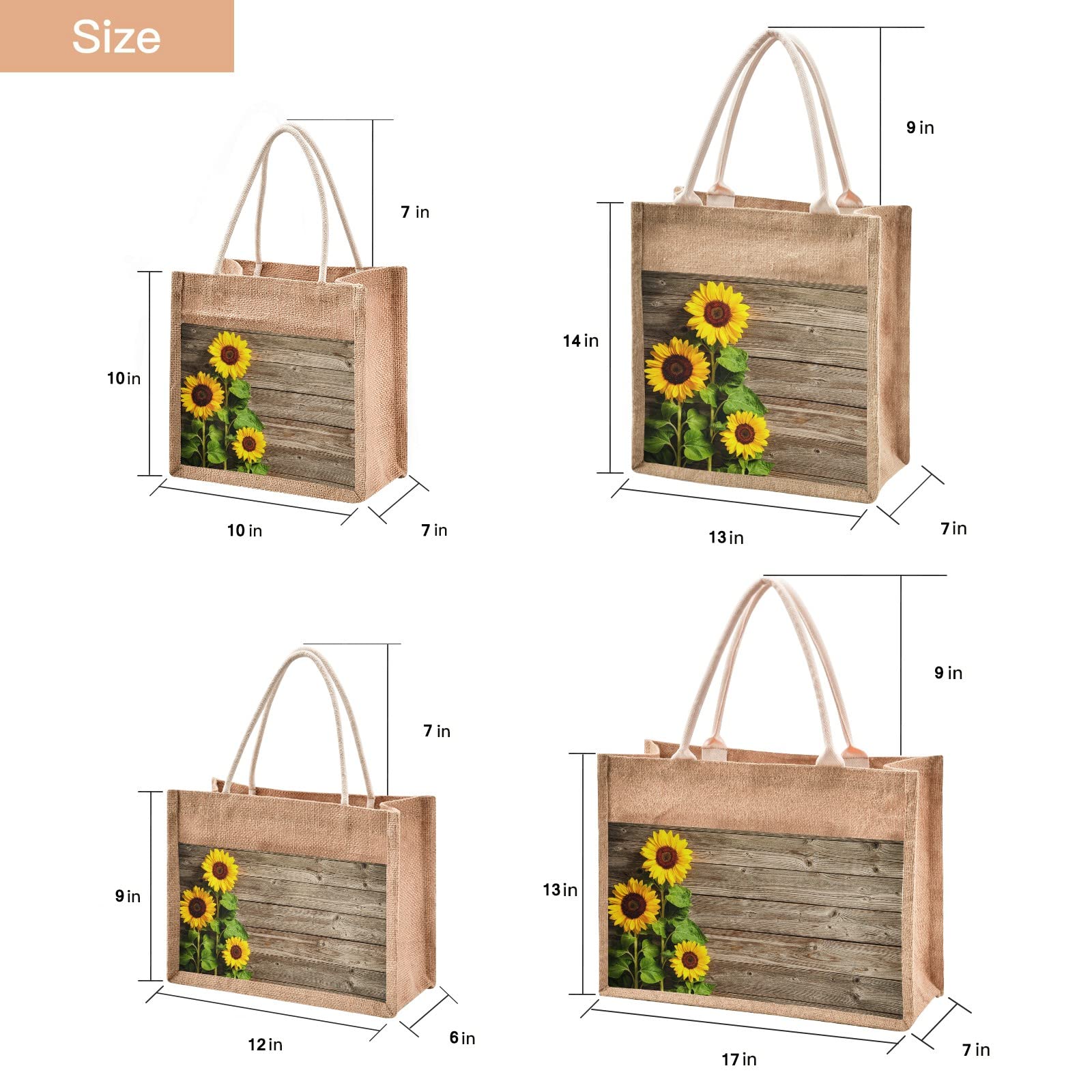 Eco-Friendly Sunflower Jute Tote Bag with Zipper & Handles - Reusable Canvas Grocery Shopping Bag with Front Pocket - 10x10 Inch Burlap Beach Tote for Women | Perfect for Farmers Market, Picnic & Travel Accessories