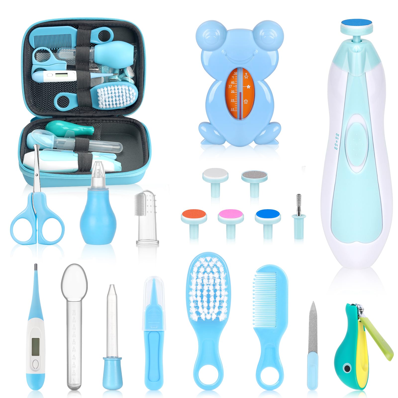 **26-in-1 Baby Healthcare & Grooming Kit – Portable Newborn Safety Care Set with Nail Clippers, Brush & More – Perfect for Travel, Home & Hospital Use (Blue)**