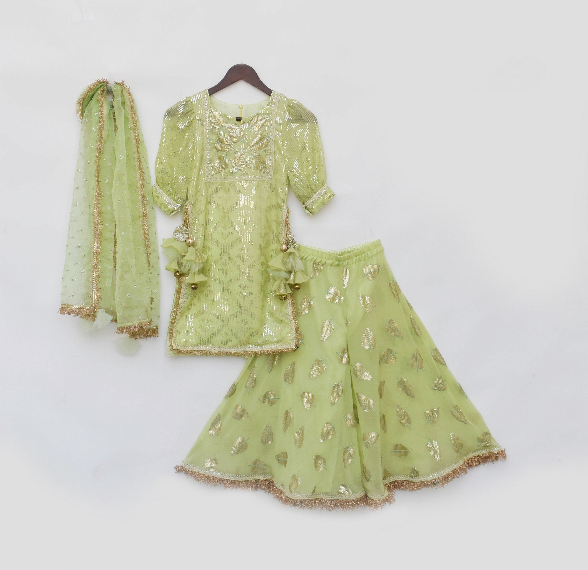 Pre Order: Stylish Pista Green Embroidered Kurti Sharara Set for Women – Perfect for Weddings, Festivals & Special Occasions