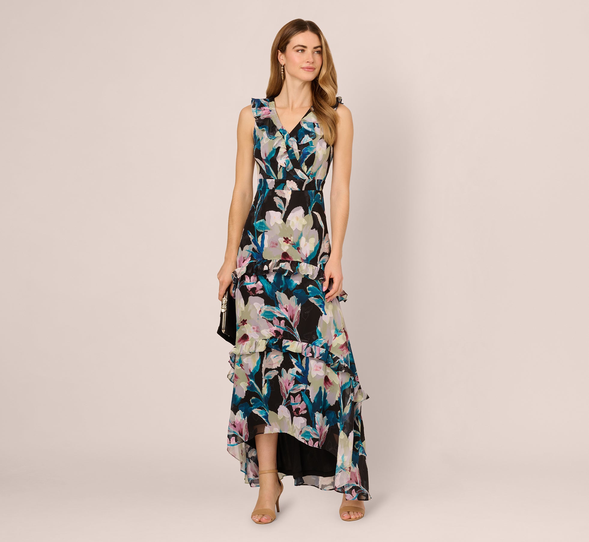 Elegant Black & Multi-Color Floral Chiffon Sleeveless High-Low Ruffle Evening Gown - Perfect for Prom, Cocktail Parties & Summer Weddings
