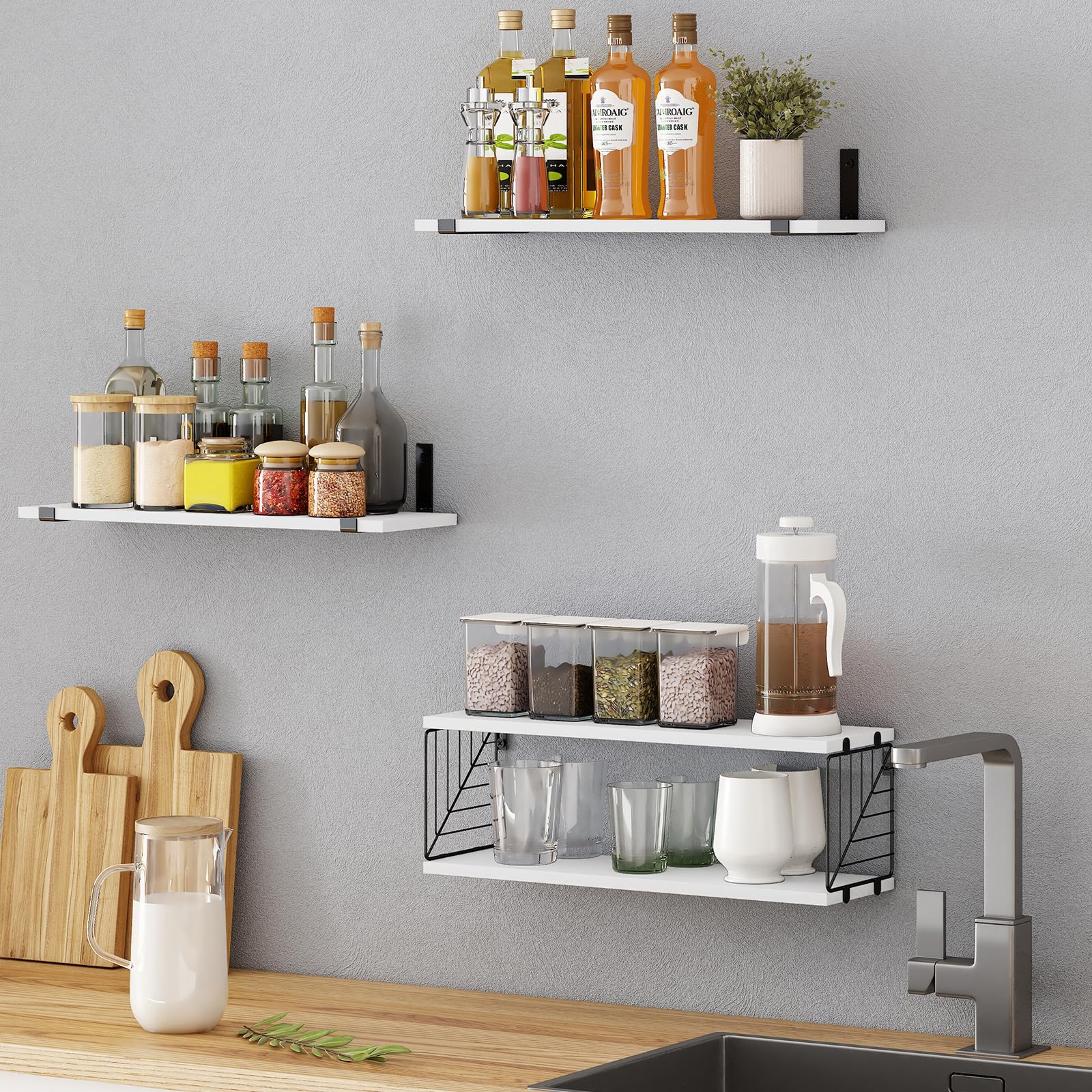 Fixwal 3-Tier Bathroom Floating Shelves Over Toilet - 15.8 Inch Rustic Farmhouse Wood Wall Shelves for Bathroom Storage - Perfect for Living Room, Bedroom & Kitchen Decor (White) - Ideal for Small Space Organization & Home Décor