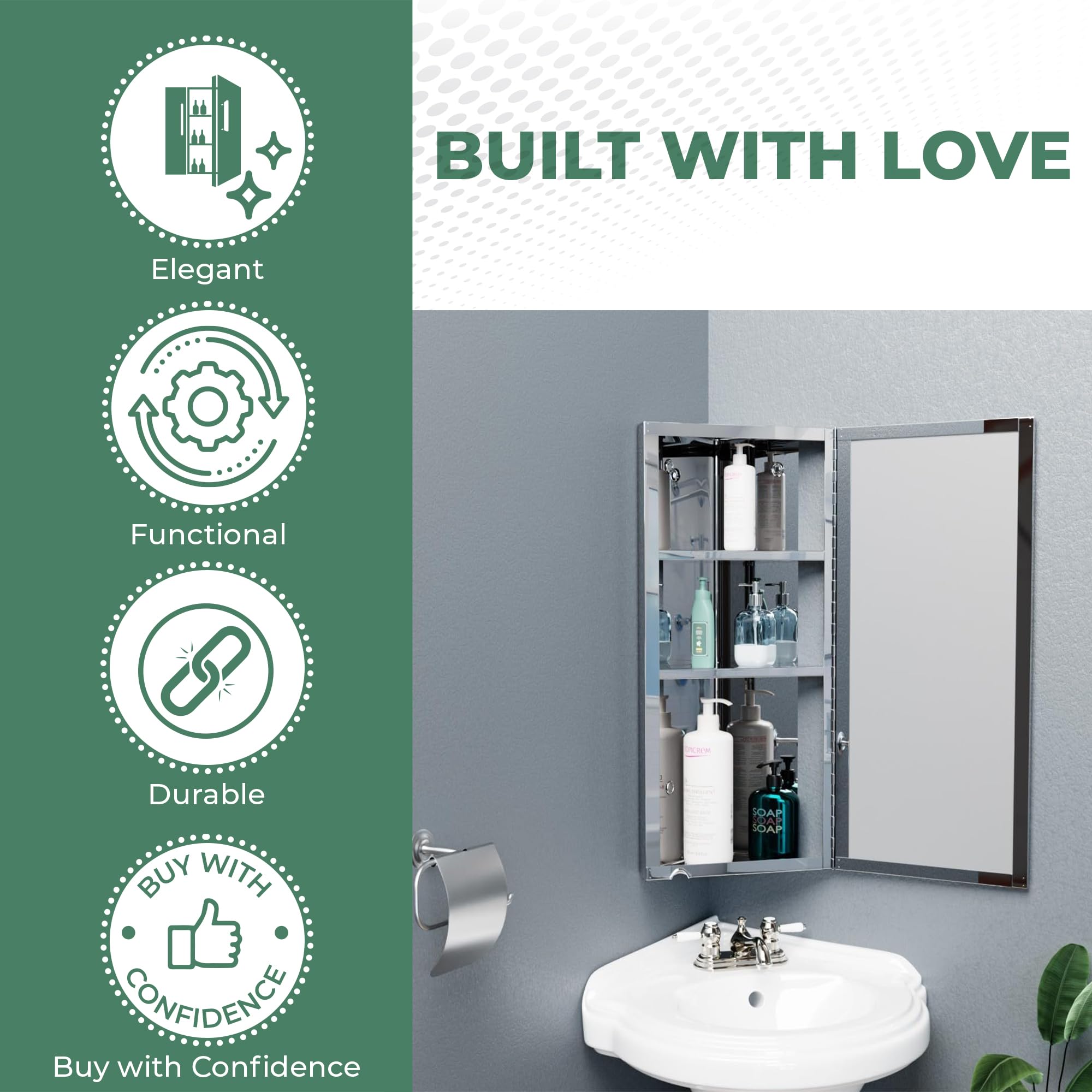 Renovators Supply Infinity Corner Medicine Cabinet with Mirror - Triple Shelf Storage, Modern Wall Mount Bathroom Cabinet - 23.6 Inch Left Open Brushed Stainless Steel (Pack of 1) - Perfect for Small Bathrooms, Vanities & Space-Saving Storage Solutions