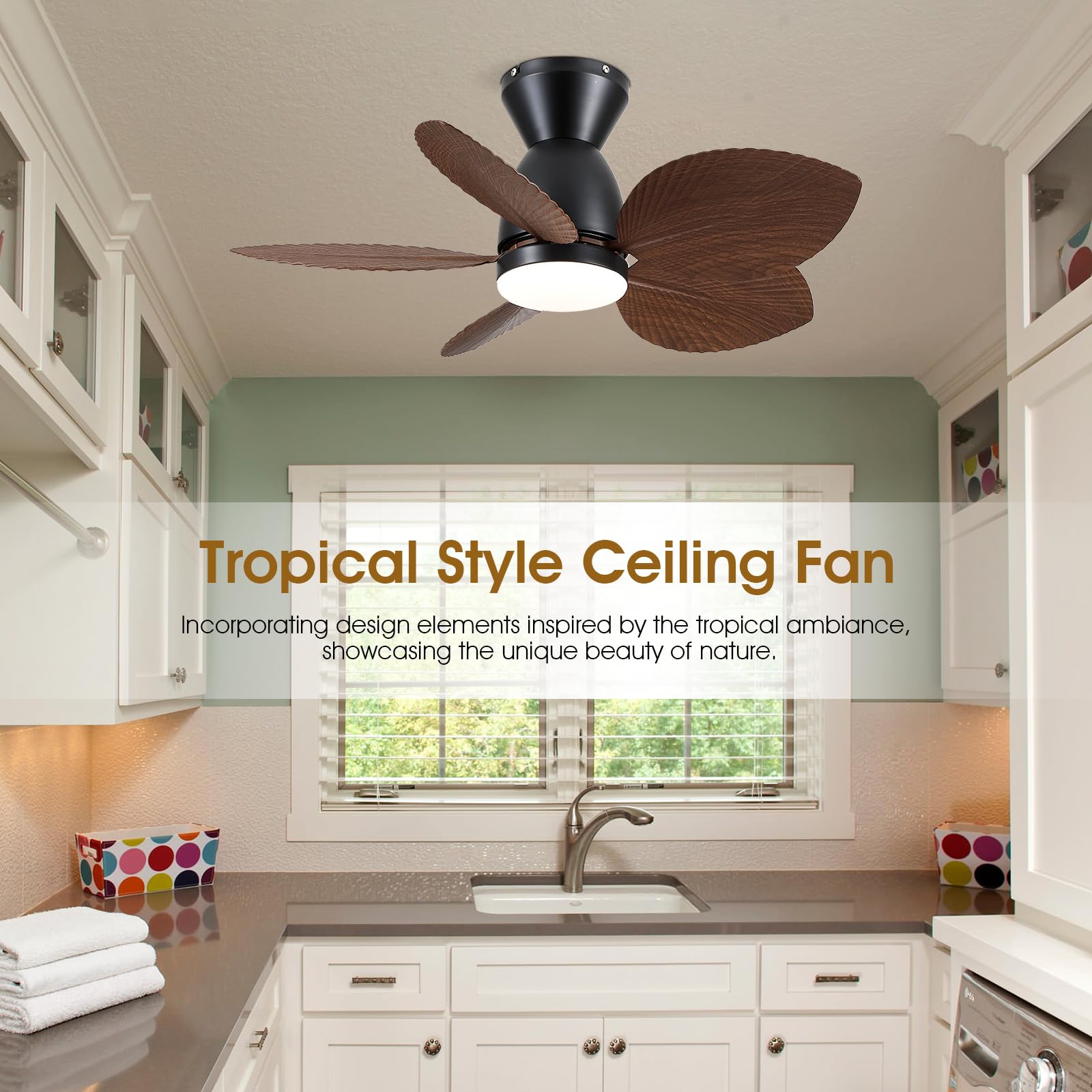 30 Inch Low Profile Ceiling Fan with Lights - Remote & APP Control Flush Mount Tropical Palm Leaf Design - Small Outdoor Ceiling Fan for Patio, Porch, Bedroom & Living Room - Energy Efficient & Quiet - Brown