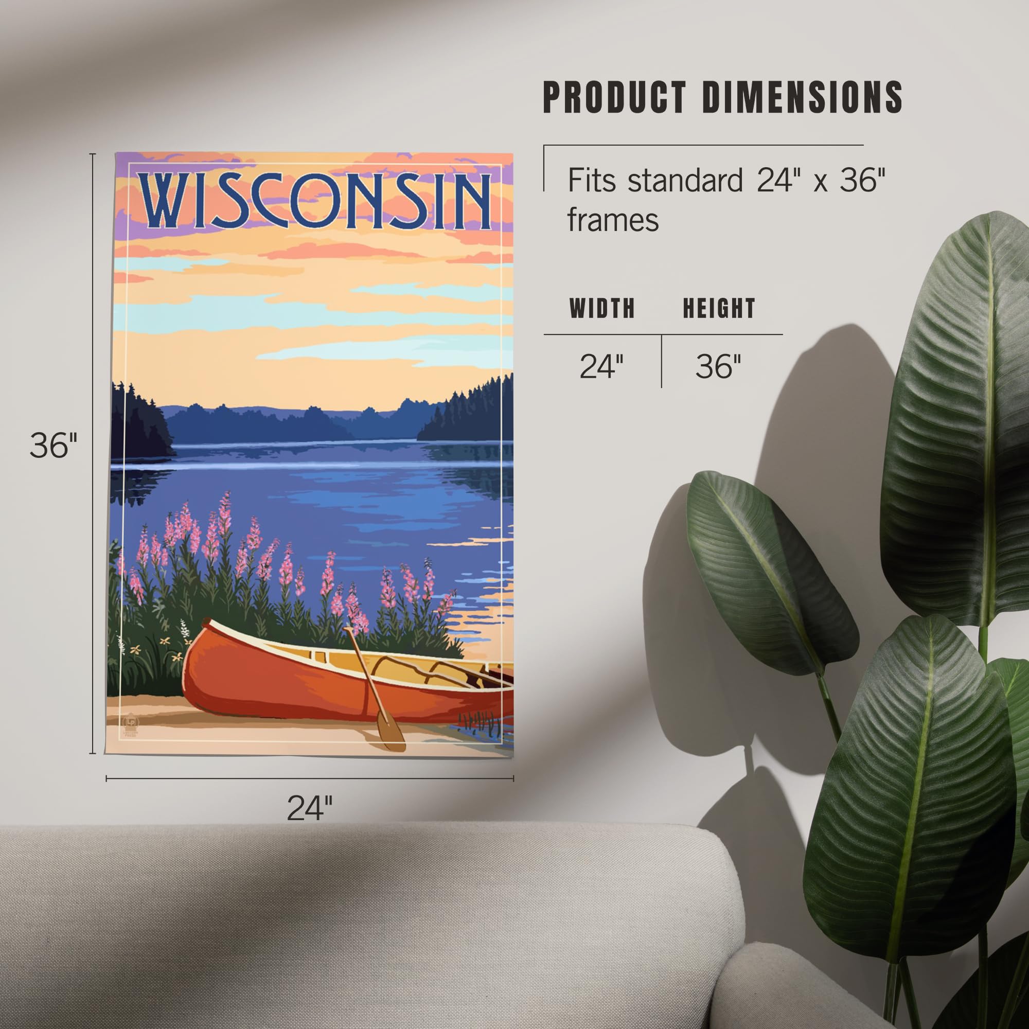 Lantern Press 24x36 Inch Giclee Art Print - Wisconsin Canoe and Lake Landscape Wall Decor - Perfect for Living Room, Bedroom or Office