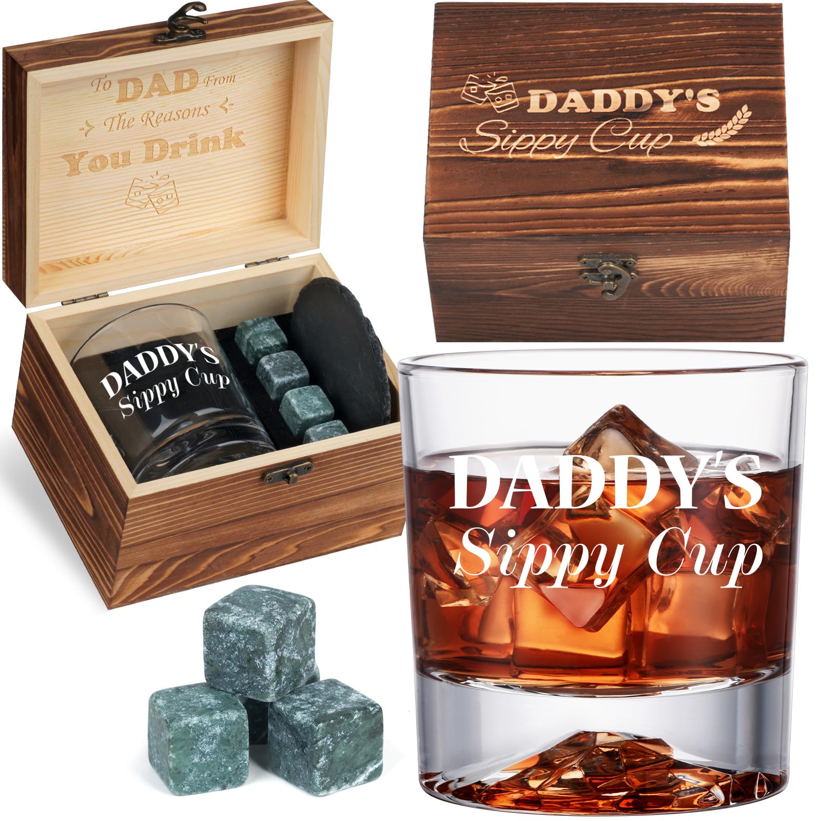 PONPUR Whiskey Glass Gift Set for Dad - Includes 4 Whiskey Stones & Wooden Box - Funny Birthday Gifts for New Dad, Husband, or Him - Perfect Christmas Stocking Stuffer - Ideal for Father's Day, Anniversary, or Whiskey Lovers' Special Occasions