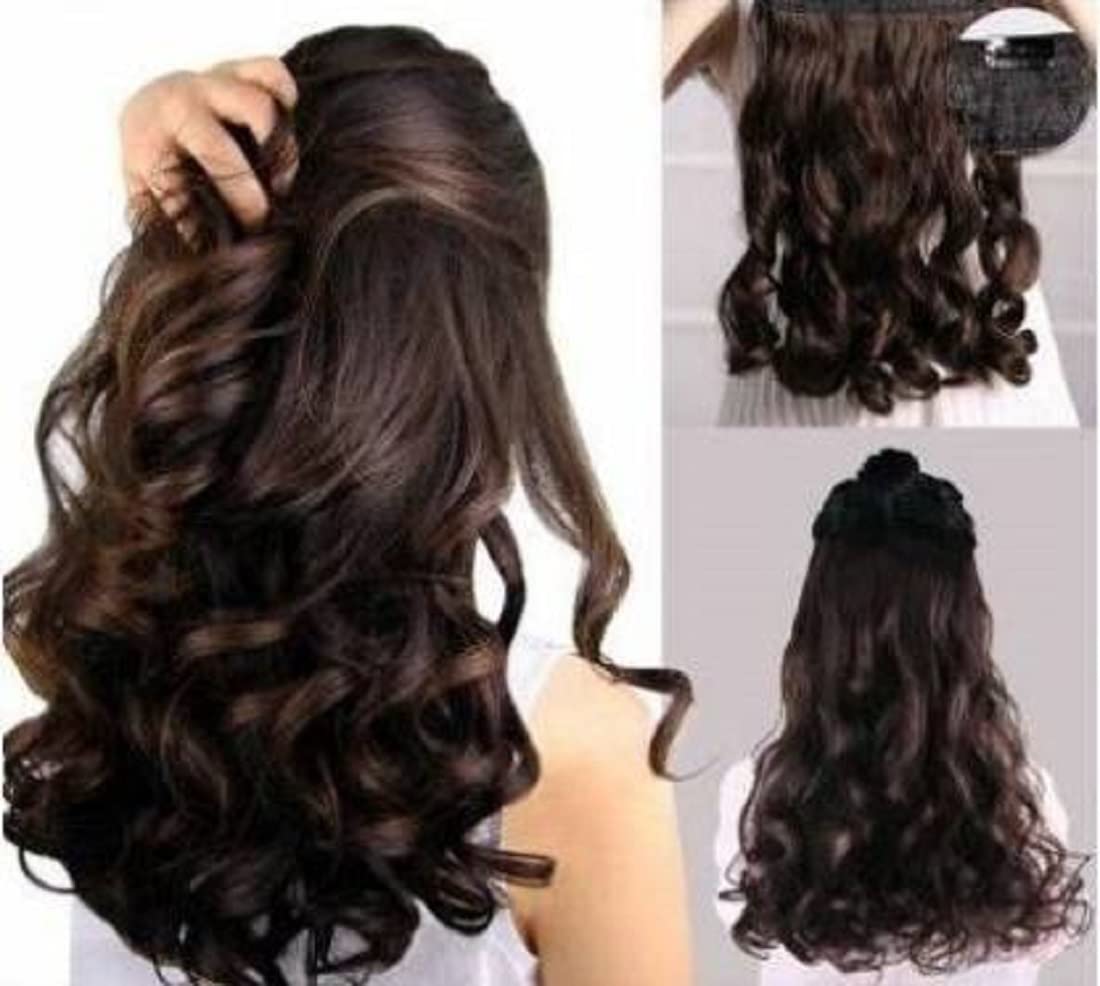 Natural Brown Synthetic Long Curly Hair Extensions for Women - 24 Inch Wavy Human-Like Full Head Wig | Trendy Heat-Resistant Hairpiece for Daily Wear, Parties & Cosplay