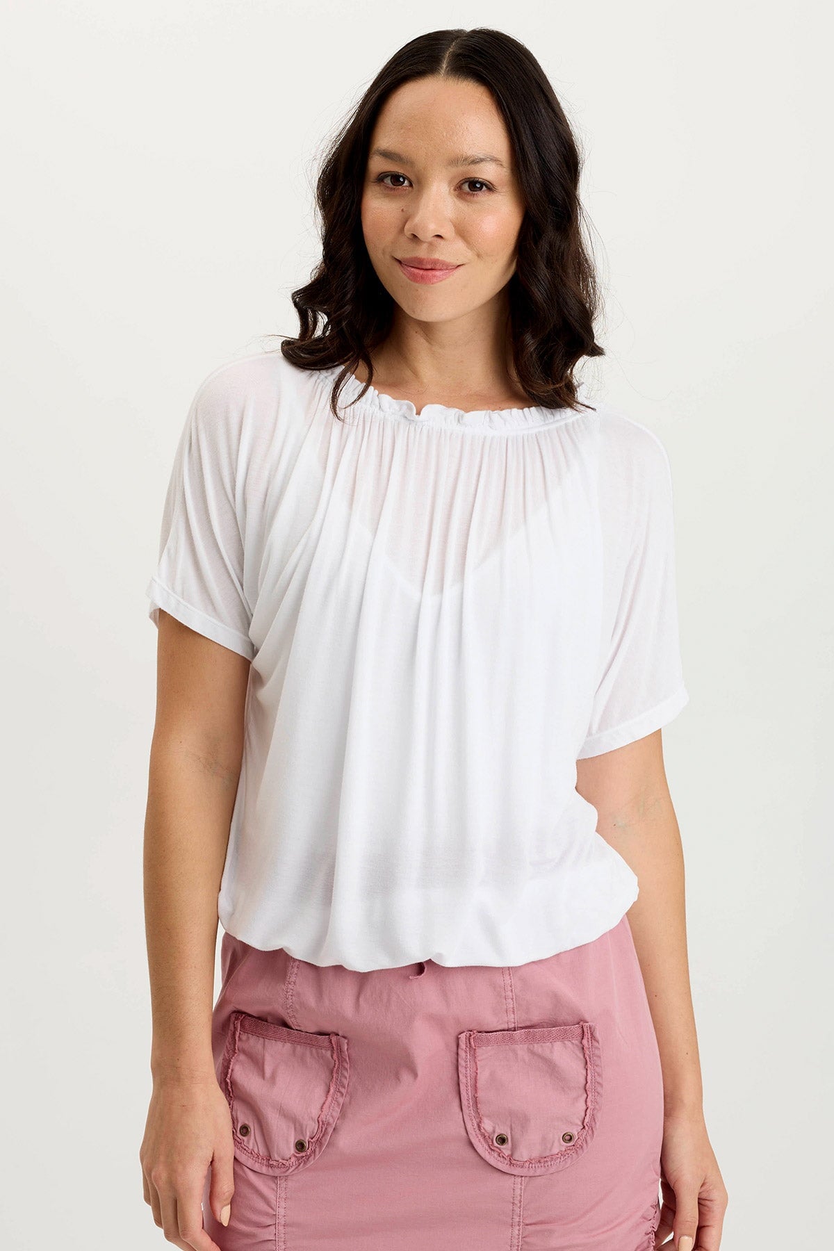 Deitra Women's Jersey Shirred Tee - Soft Stretch Short Sleeve T-Shirt for Casual Wear & Everyday Outfits