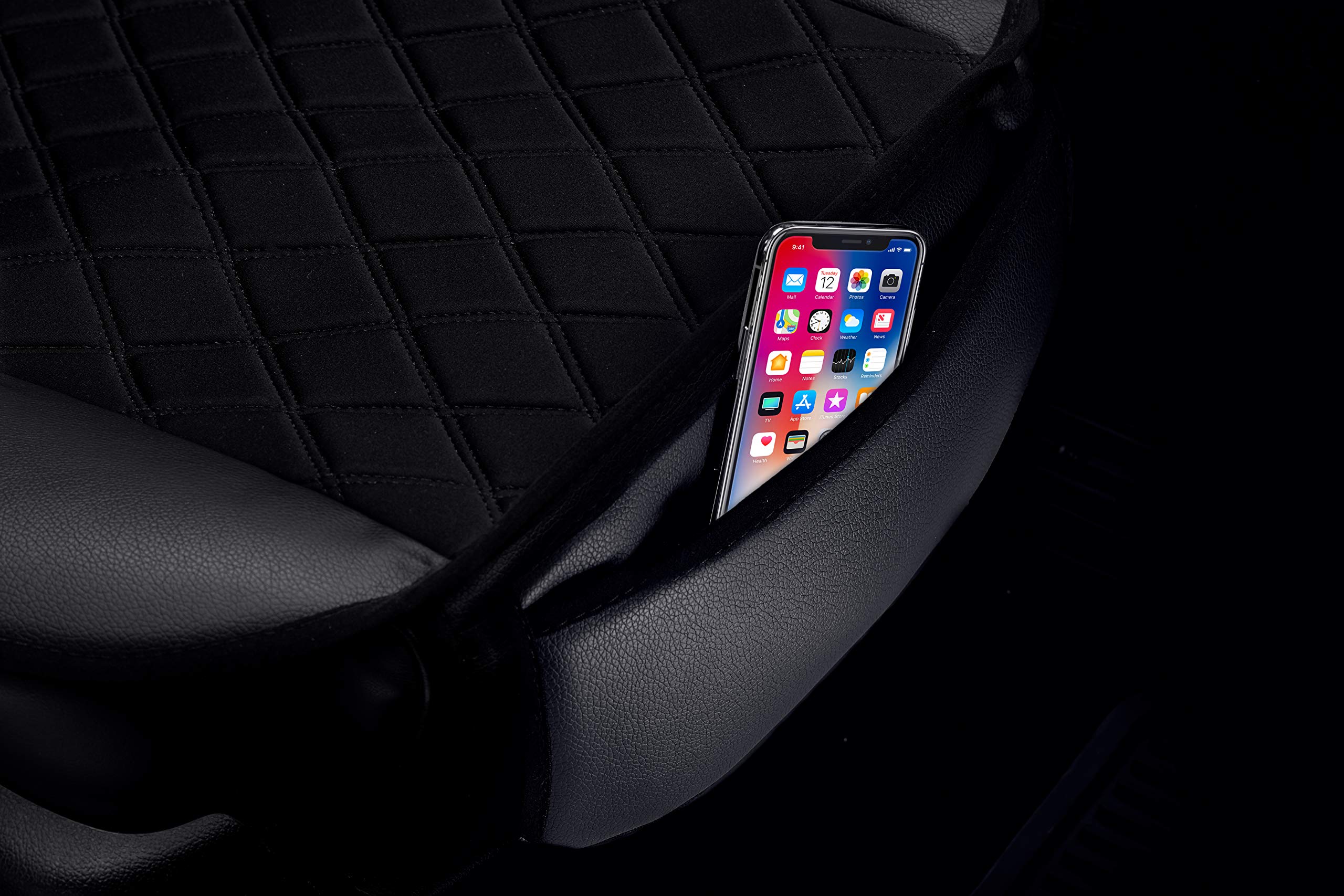 Premium Black Faux Leather Car Seat Covers - Universal Fit for Cars, Trucks & SUVs | NeoSupreme Cushion Pad with Front Pocket | Durable Interior Accessories (Pair Set) | Perfect for Daily Commute, Road Trips & Protecting Seats from Wear
